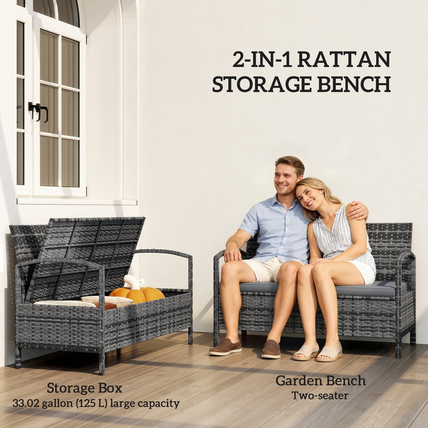 Wicker Outdoor Storage Bench, 33 Gallon PE Rattan Deck Box Seat, 2-Seater Patio Bench with Storage and Cushion for Garden Tools, Balcony, Backyard, Pool, Grey
