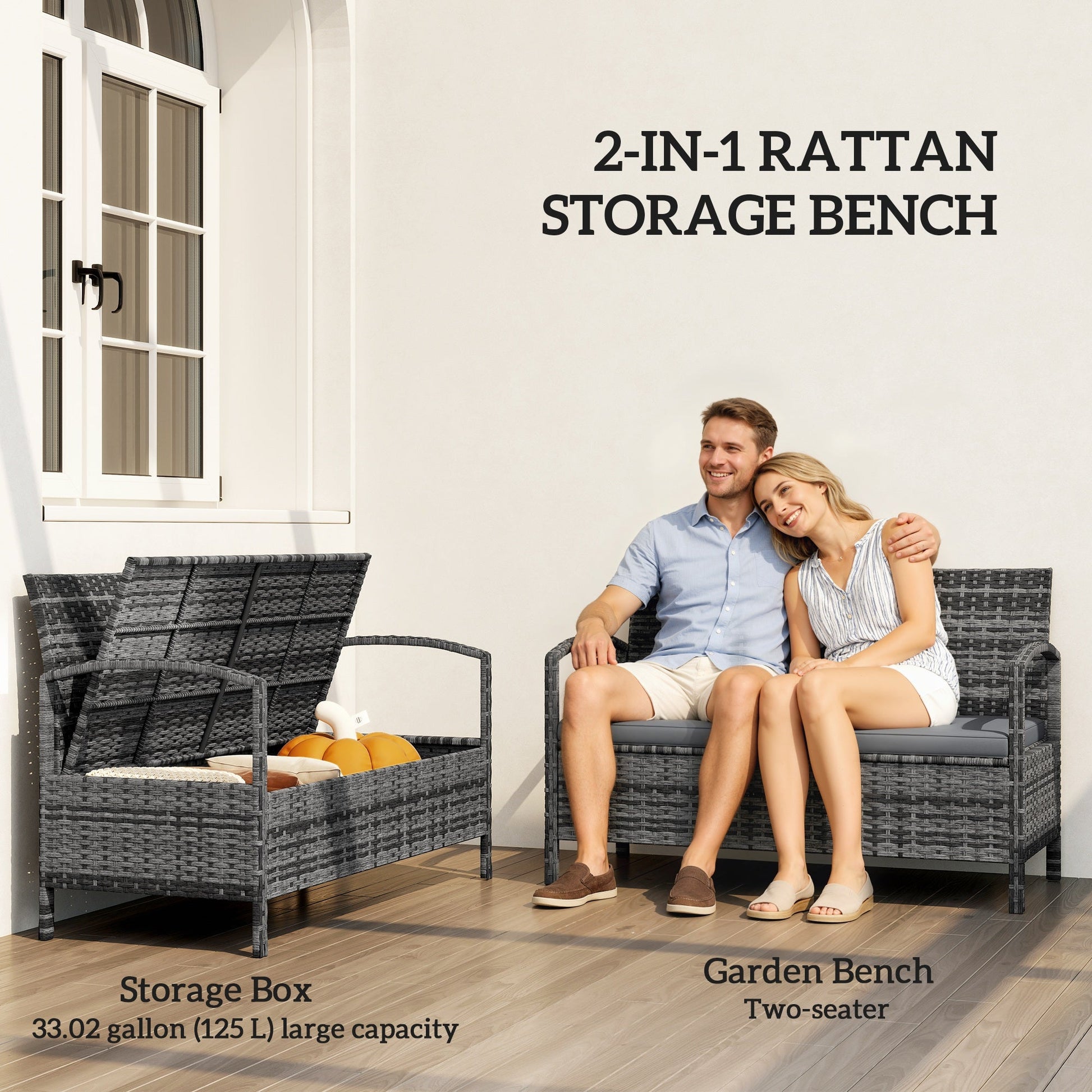 Wicker Outdoor Storage Bench, 33 Gallon PE Rattan Deck Box Seat, 2-Seater Patio Bench with Storage and Cushion for Garden Tools, Balcony, Backyard, Pool, Grey