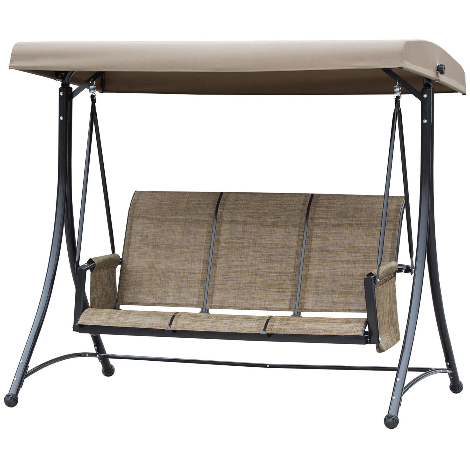 3 Person Porch Swing Outdoor Swing Chair with High Back Design, Side Pouches and Adjustable Canopy, Brown