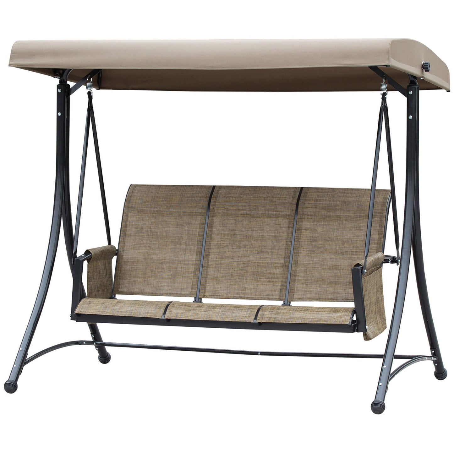 3 Person Porch Swing Outdoor Swing Chair with High Back Design, Side Pouches and Adjustable Canopy, Brown