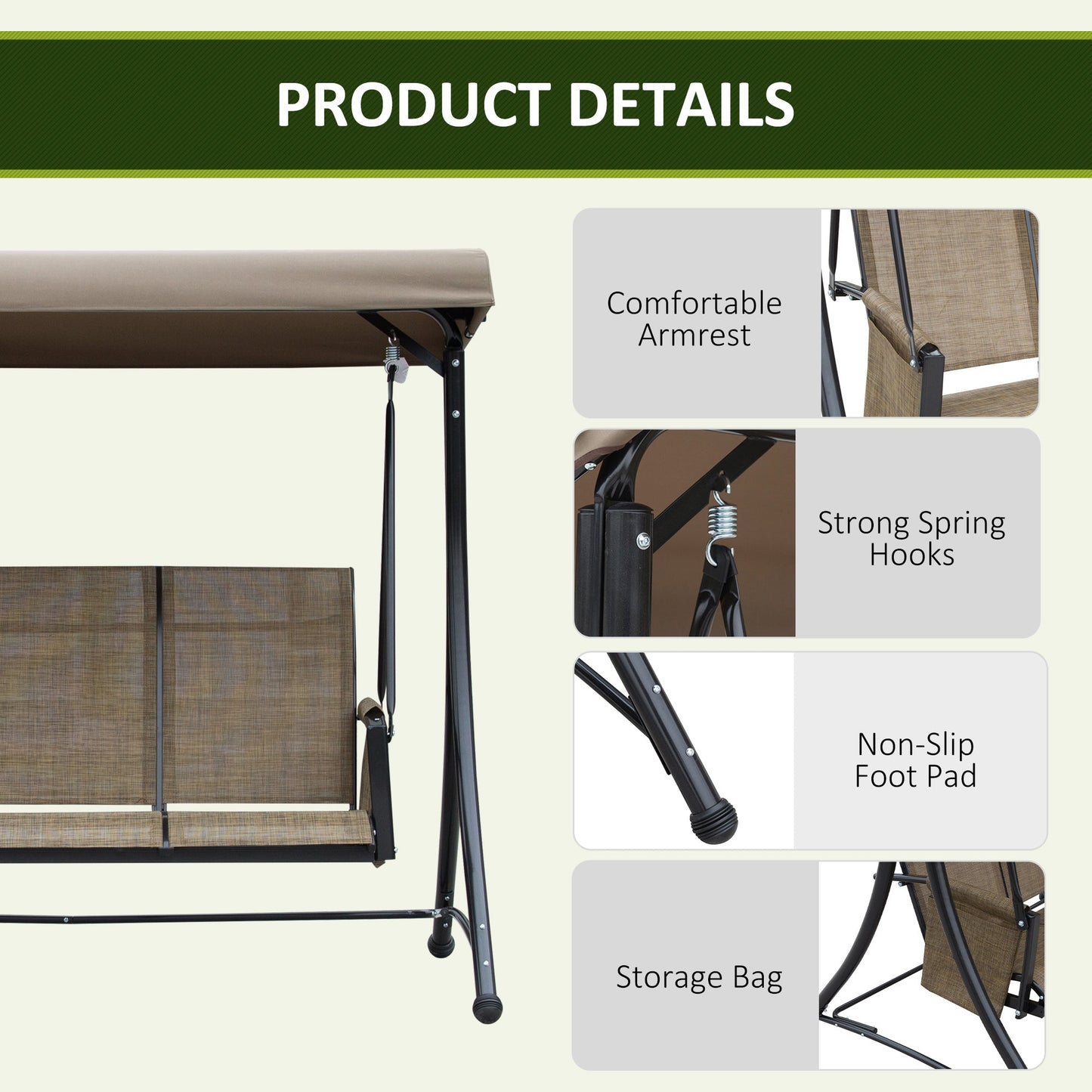 3 Person Porch Swing Outdoor Swing Chair with High Back Design, Side Pouches and Adjustable Canopy, Brown