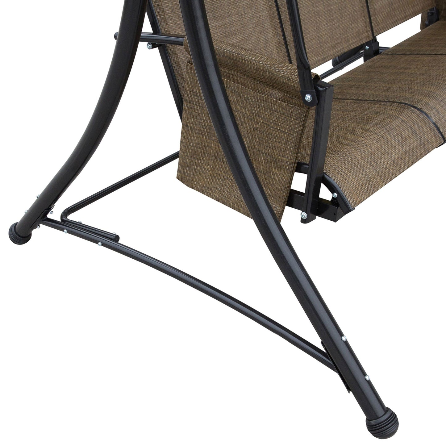 3 Person Porch Swing Outdoor Swing Chair with High Back Design, Side Pouches and Adjustable Canopy, Brown