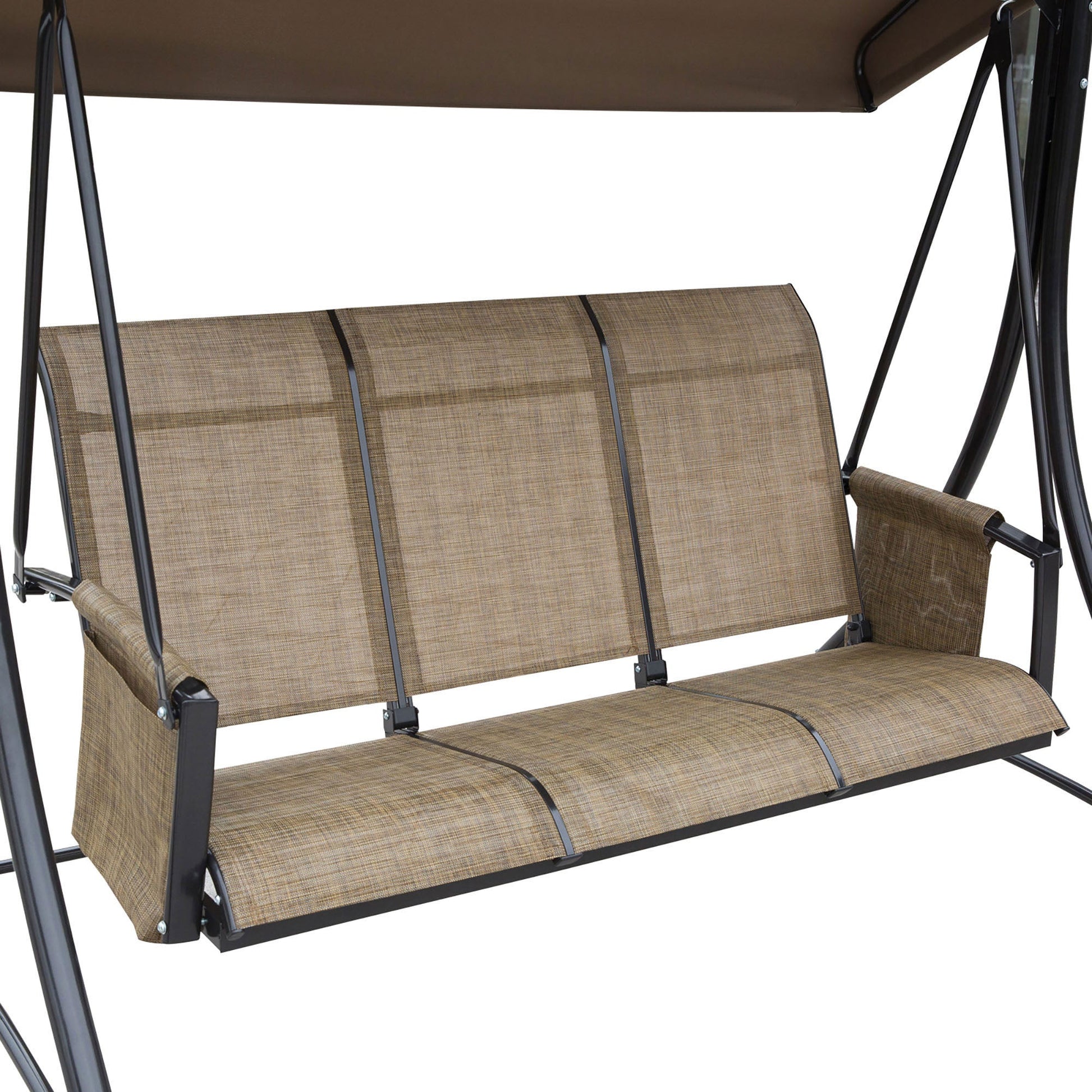 3 Person Porch Swing Outdoor Swing Chair with High Back Design, Side Pouches and Adjustable Canopy, Brown