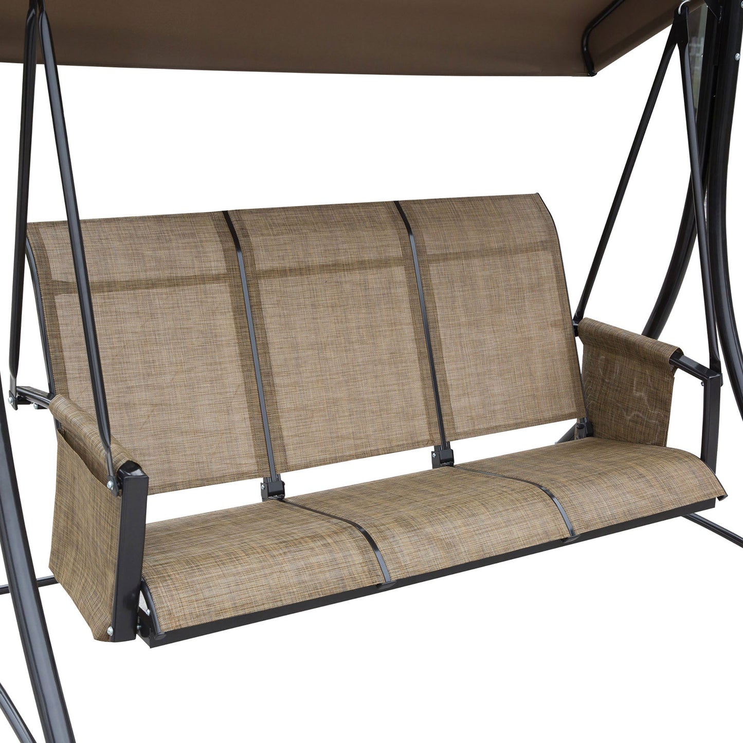 3 Person Porch Swing Outdoor Swing Chair with High Back Design, Side Pouches and Adjustable Canopy, Brown