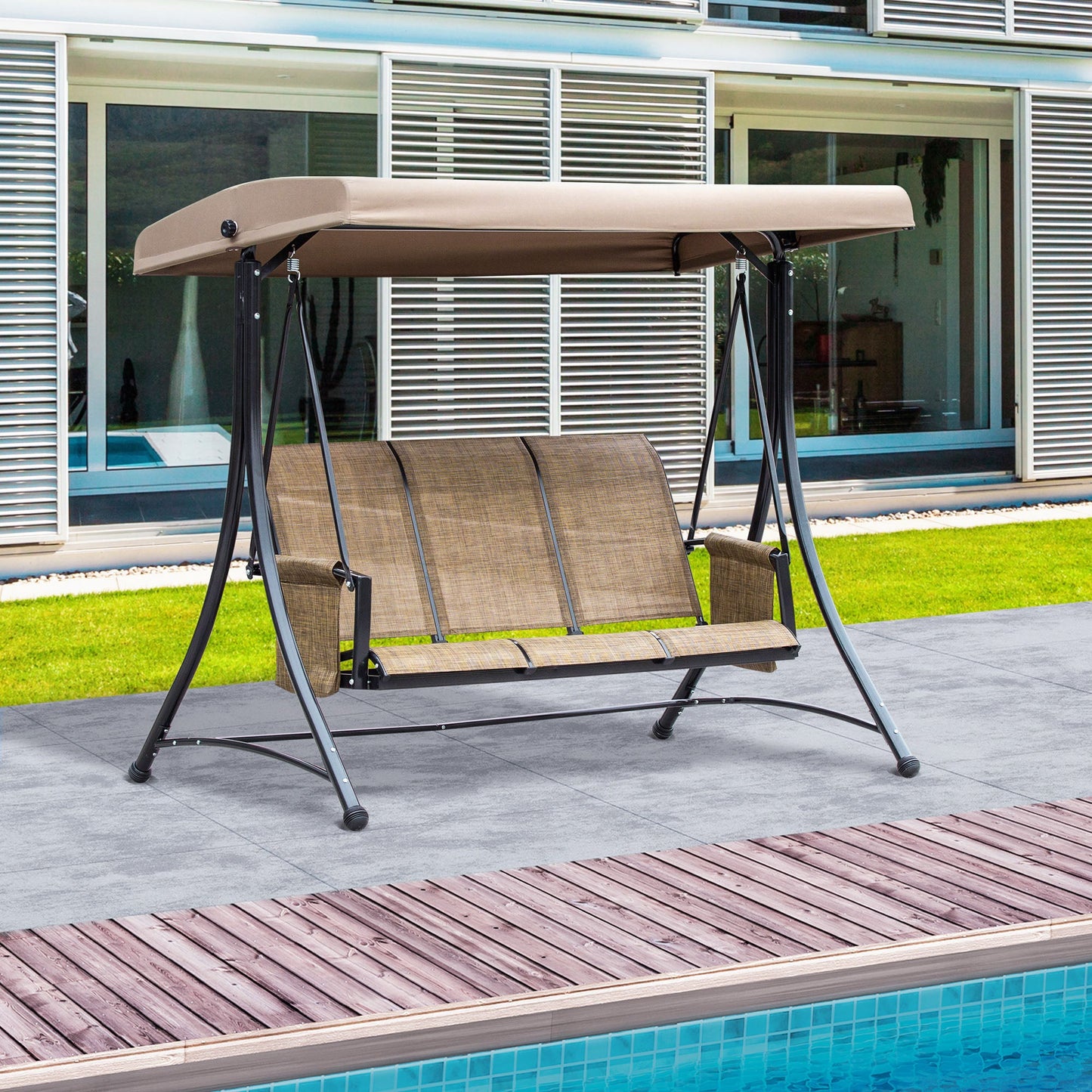 3 Person Porch Swing Outdoor Swing Chair with High Back Design, Side Pouches and Adjustable Canopy, Brown