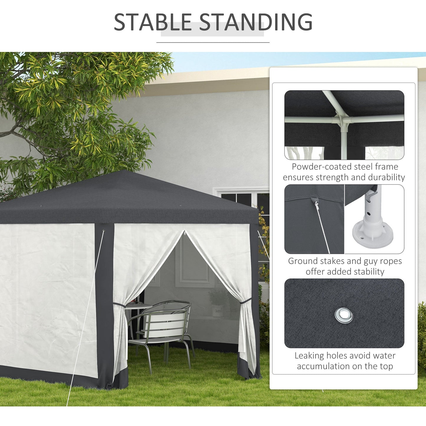 Φ13' Hexagon Party Tent Patio Gazebo Outdoor Activity Event Canopy Quick Sun Shelter Pavilion with Netting Mesh Sidewall Dark Grey
