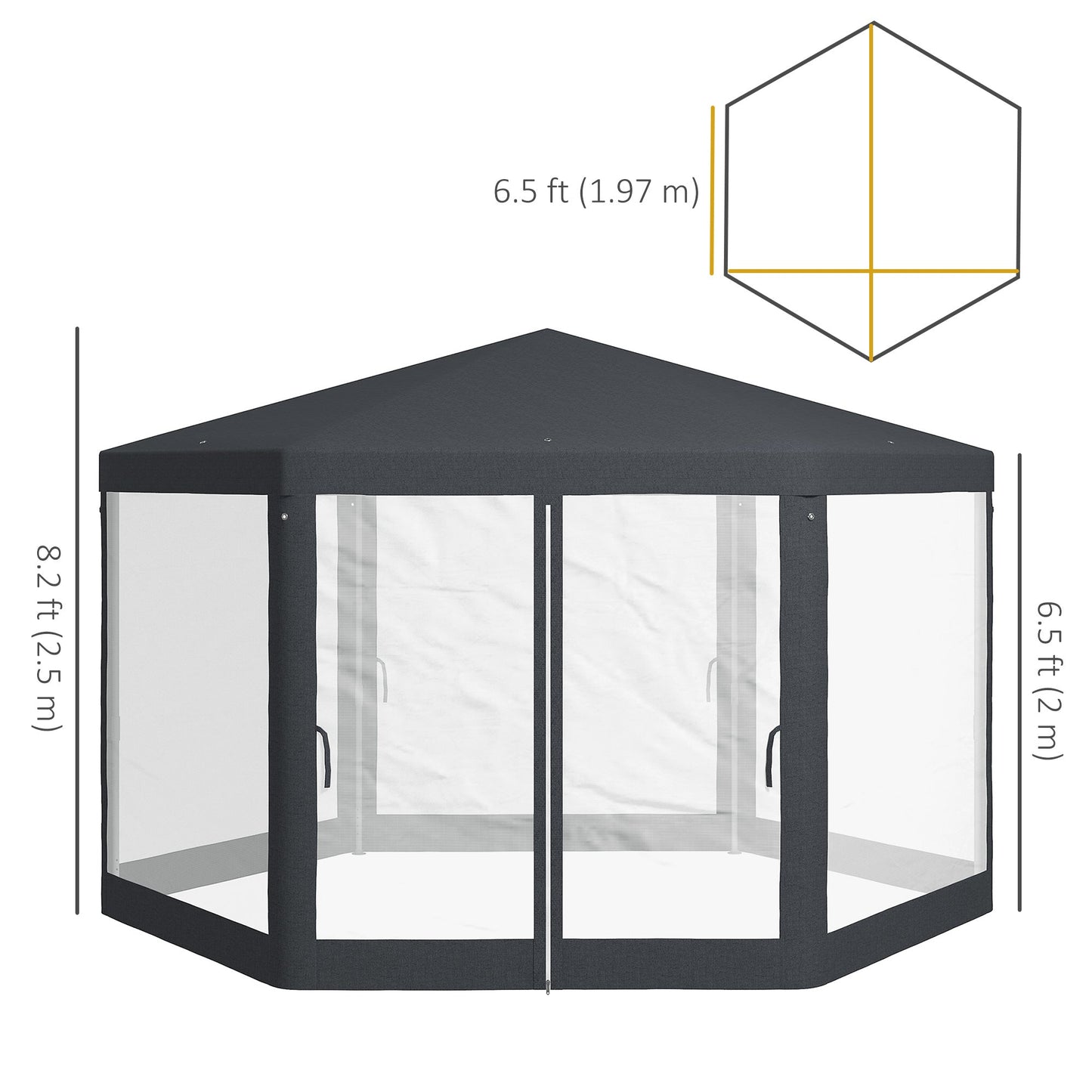 Φ13' Hexagon Party Tent Patio Gazebo Outdoor Activity Event Canopy Quick Sun Shelter Pavilion with Netting Mesh Sidewall Dark Grey