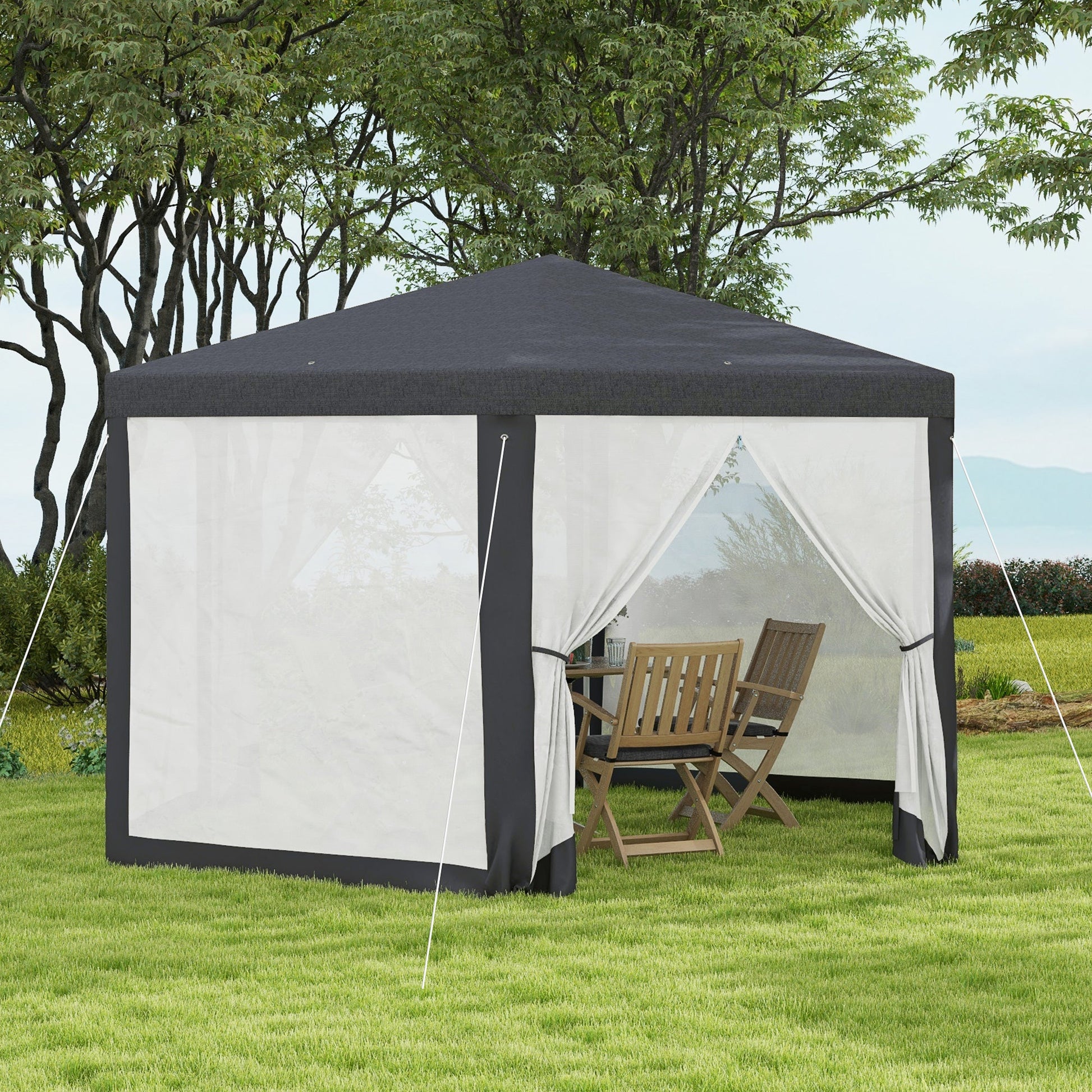 Φ13' Hexagon Party Tent Patio Gazebo Outdoor Activity Event Canopy Quick Sun Shelter Pavilion with Netting Mesh Sidewall Dark Grey