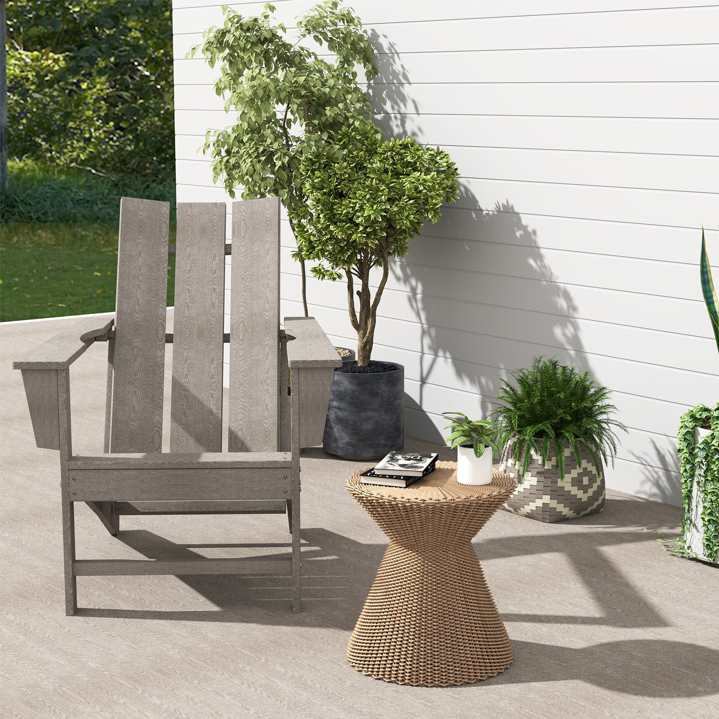 Patio Adirondack Chair, HDPE Plastic Muskoka Chair with High Back and Wide Armrests, Wood-Effect, All-Weather for Fire Pit, Outdoor, Patio, Porch, Dark Grey