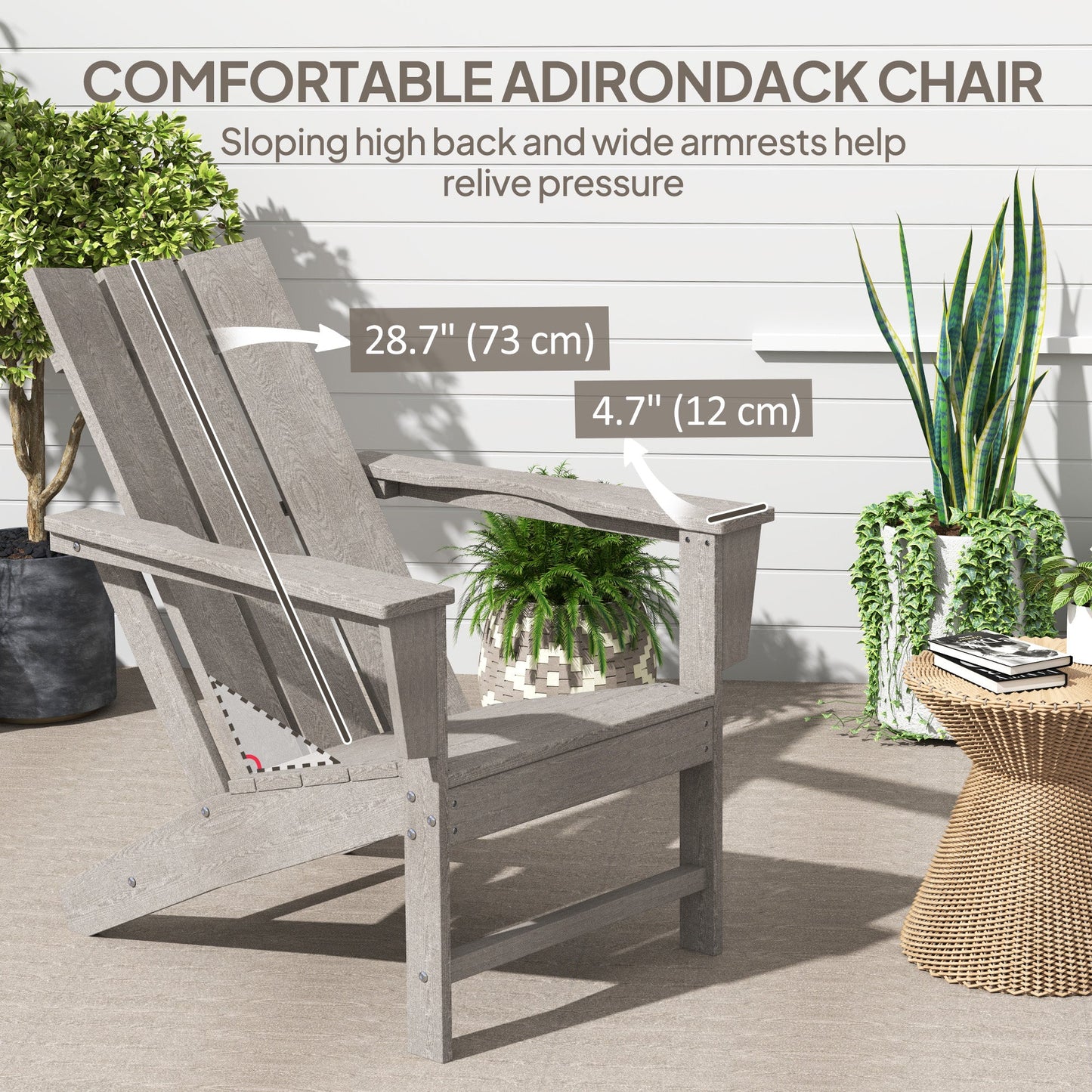 Patio Adirondack Chair, HDPE Plastic Muskoka Chair with High Back and Wide Armrests, Wood-Effect, All-Weather for Fire Pit, Outdoor, Patio, Porch, Dark Grey