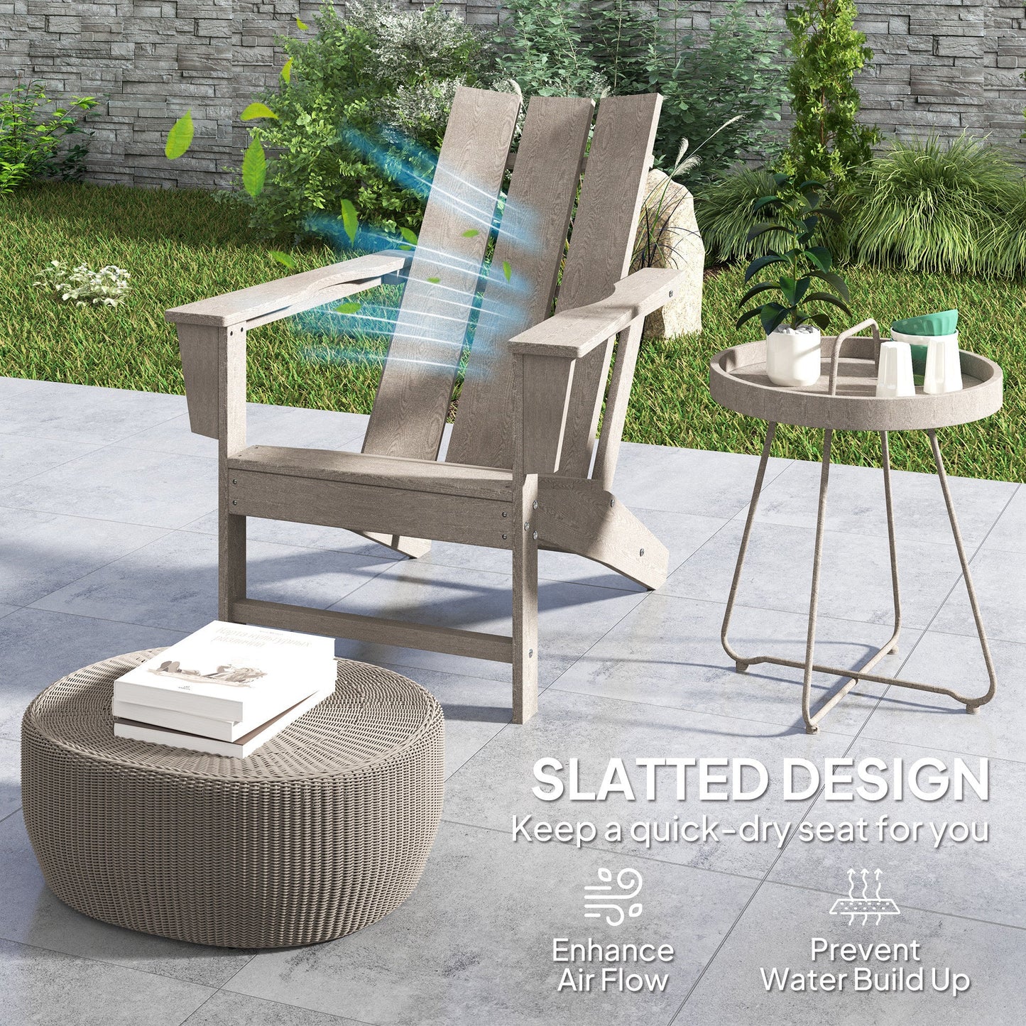 Patio Adirondack Chair, HDPE Plastic Muskoka Chair with High Back and Wide Armrests, Wood-Effect, All-Weather for Fire Pit, Outdoor, Patio, Porch, Dark Grey