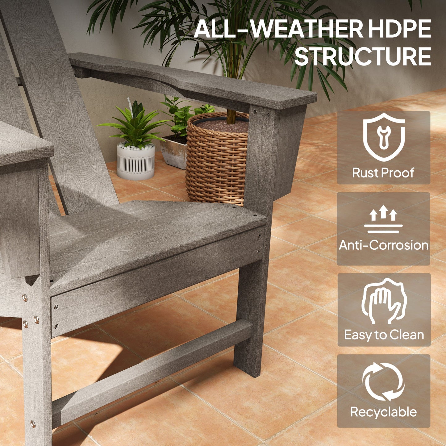 Patio Adirondack Chair, HDPE Plastic Muskoka Chair with High Back and Wide Armrests, Wood-Effect, All-Weather for Fire Pit, Outdoor, Patio, Porch, Dark Grey
