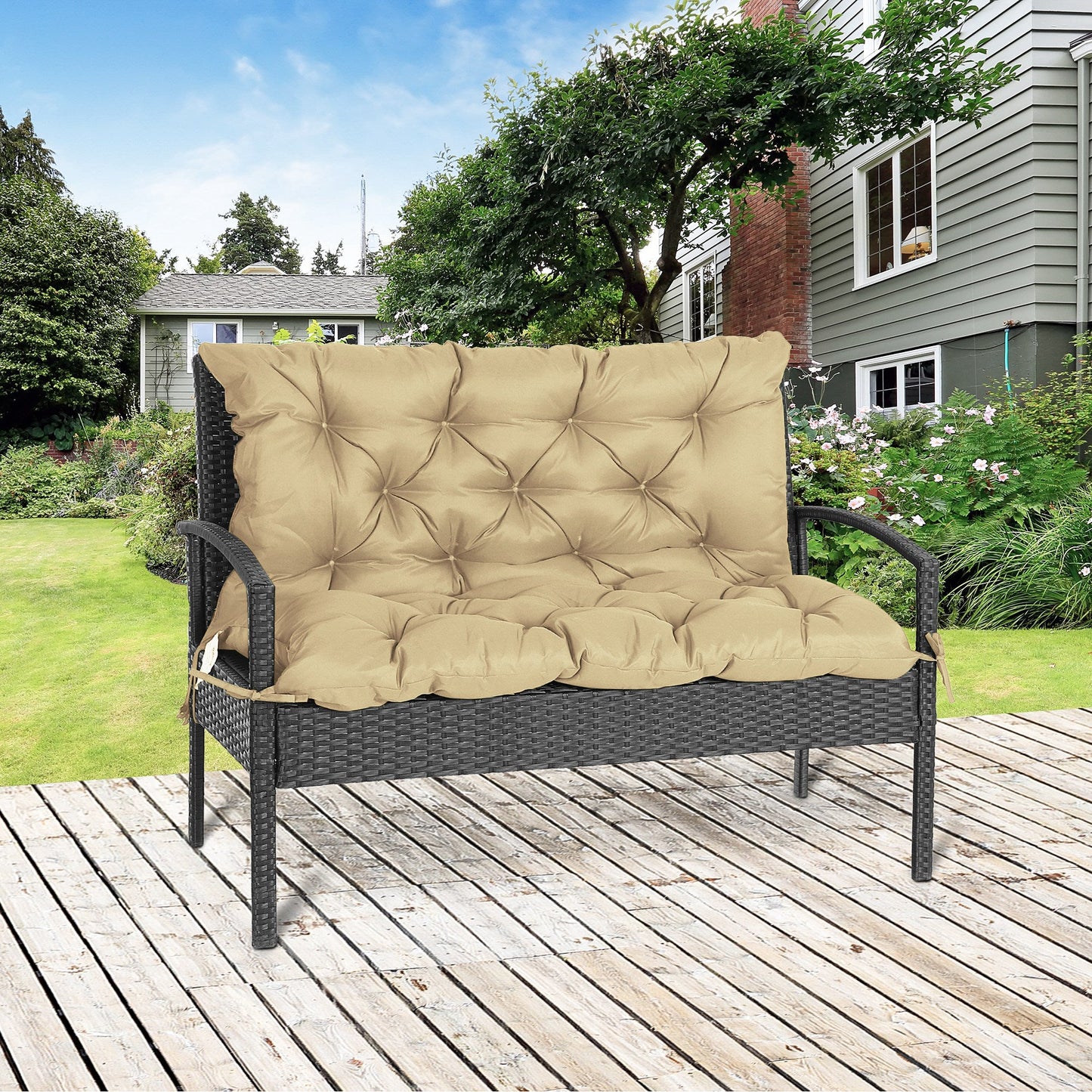 Porch Swing Cushion Garden Bench Cushion with Backrest, Non-Slip 2-Seater Thick Pad, Swing Chair Mat Replacement for Indoor and Outdoor, 39.4" x 38.6", Khaki