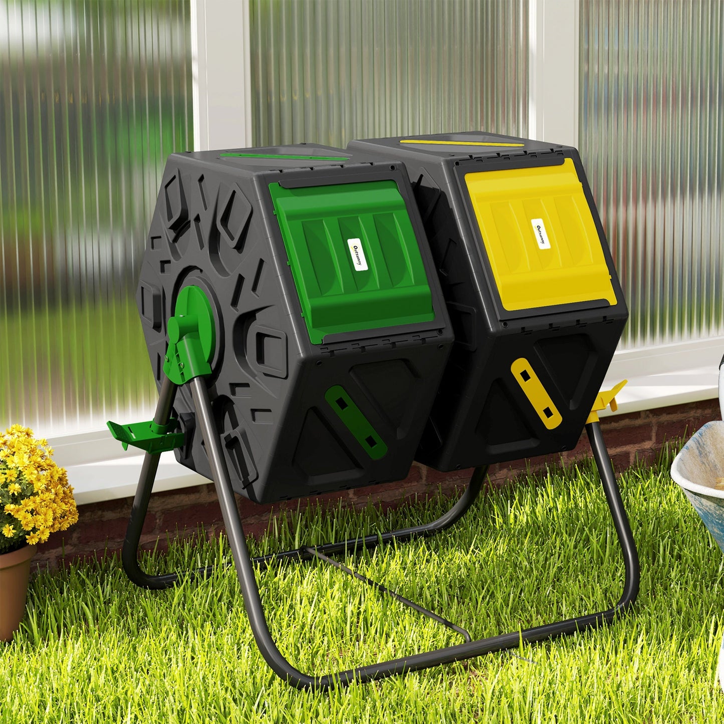 34.5 Gallon Dual Chamber Compost Bin, Rotating Composter, Compost Tumbler with 24 Ventilation Openings and Steel Legs, Yellow and Green
