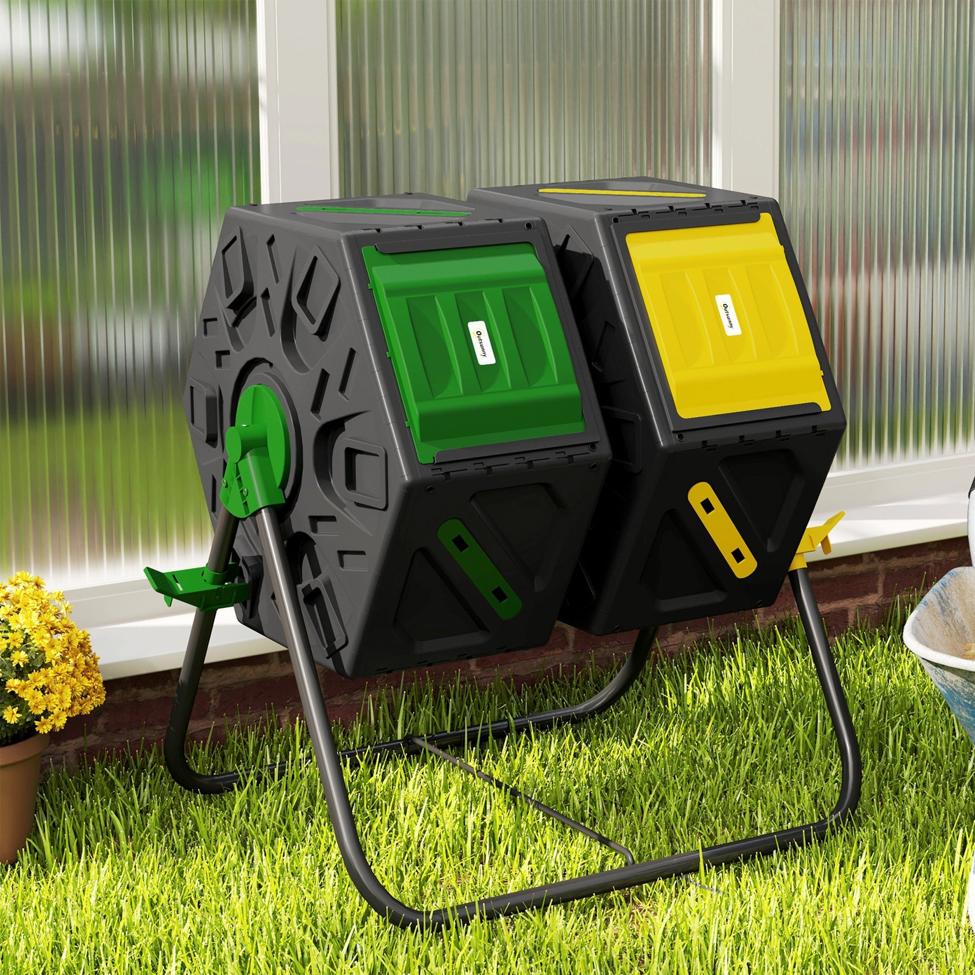 34.5 Gallon Dual Chamber Compost Bin, Rotating Composter, Compost Tumbler with 24 Ventilation Openings and Steel Legs, Yellow and Green