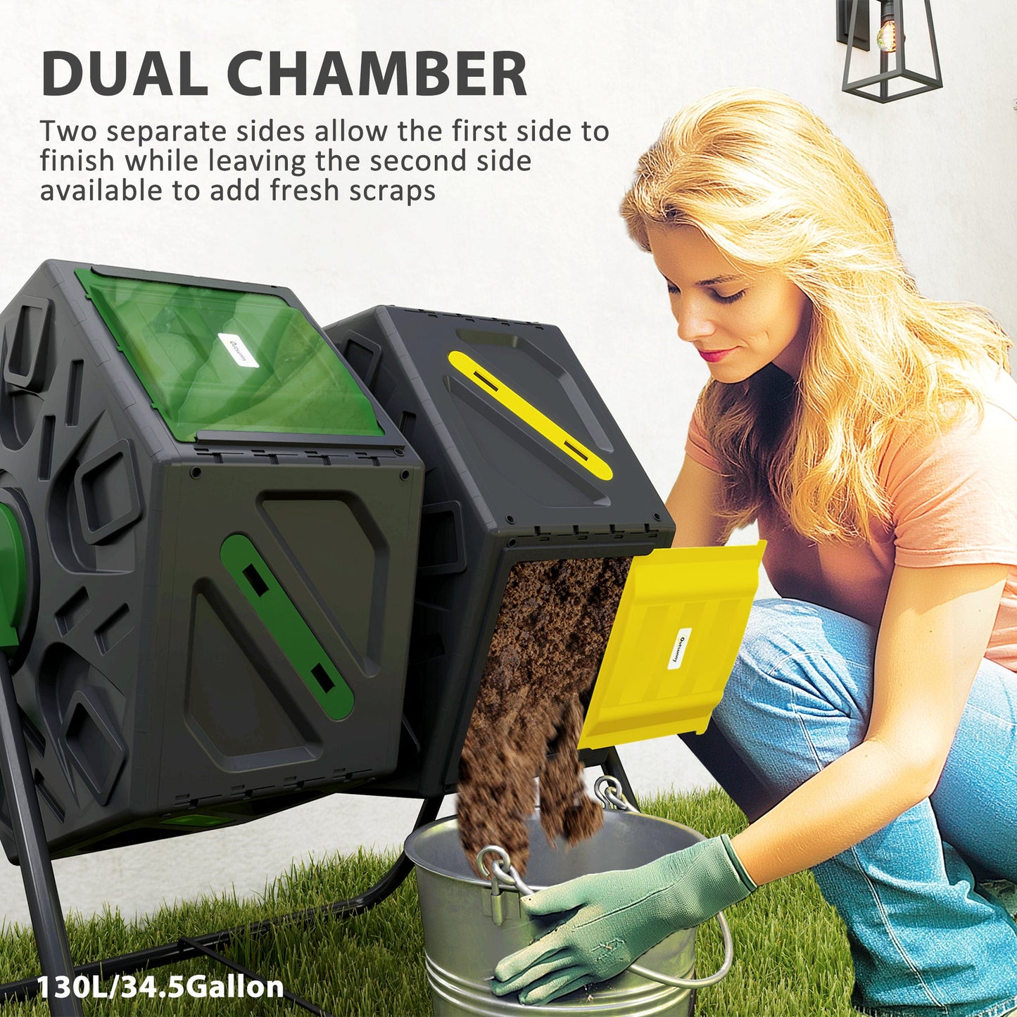 34.5 Gallon Dual Chamber Compost Bin, Rotating Composter, Compost Tumbler with 24 Ventilation Openings and Steel Legs, Yellow and Green