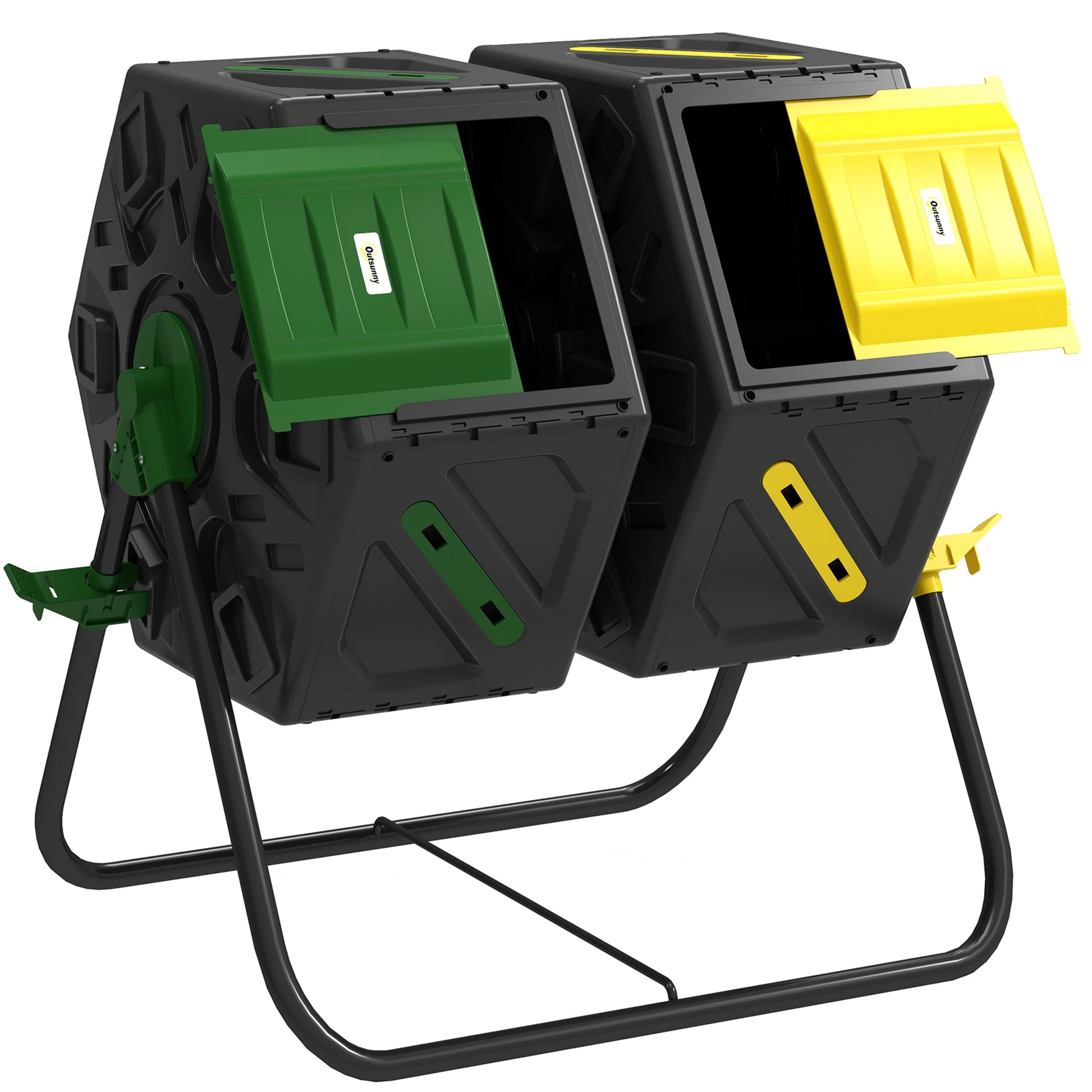 34.5 Gallon Dual Chamber Compost Bin, Rotating Composter, Compost Tumbler with 24 Ventilation Openings and Steel Legs, Yellow and Green