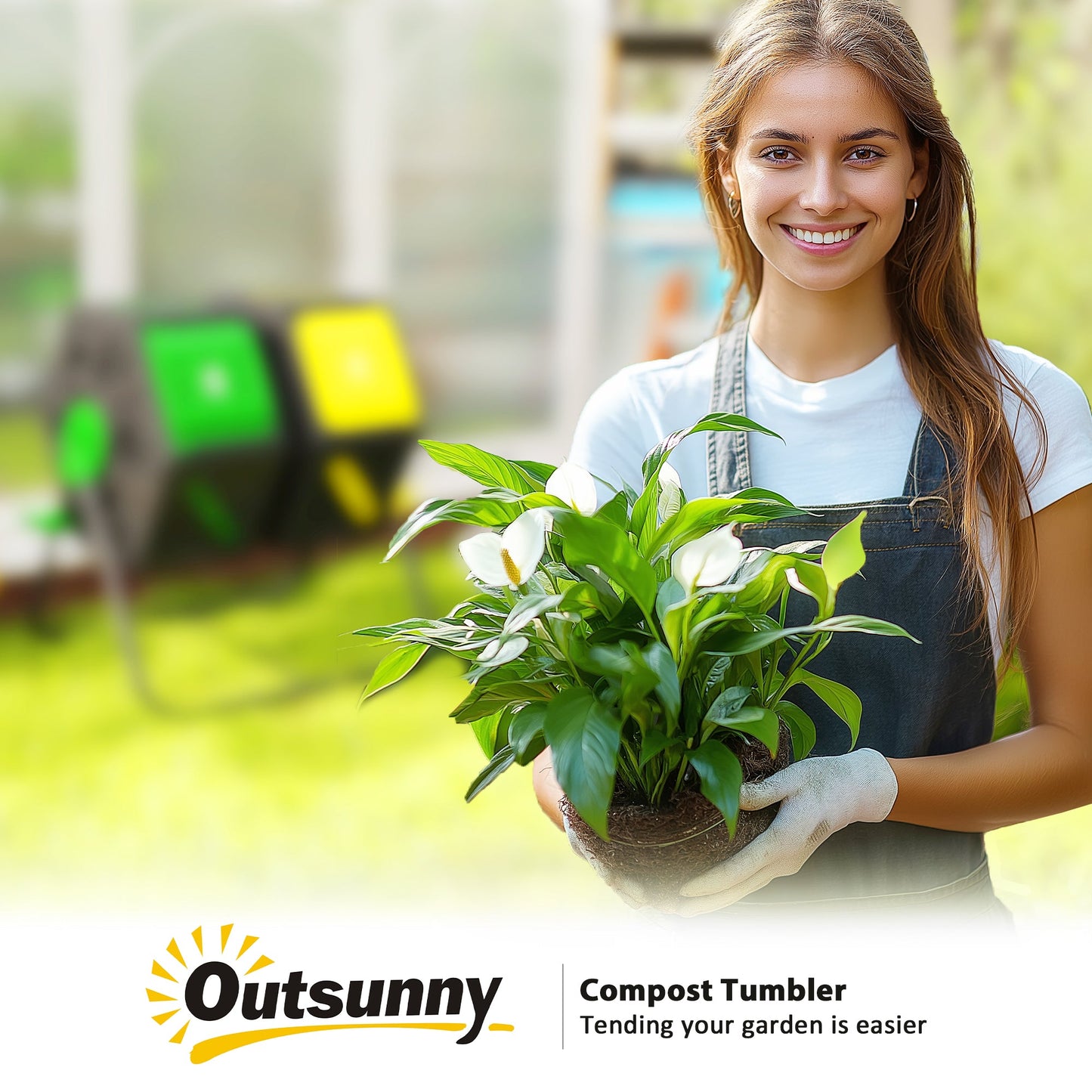 34.5 Gallon Dual Chamber Compost Bin, Rotating Composter, Compost Tumbler with 24 Ventilation Openings and Steel Legs, Yellow and Green
