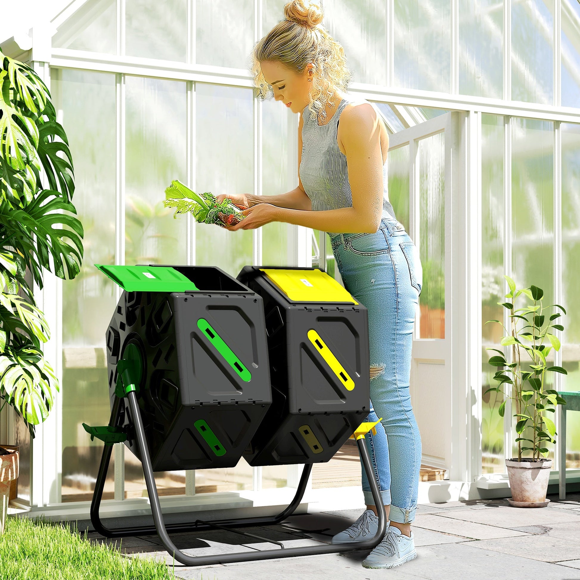 34.5 Gallon Dual Chamber Compost Bin, Rotating Composter, Compost Tumbler with 24 Ventilation Openings and Steel Legs, Yellow and Green