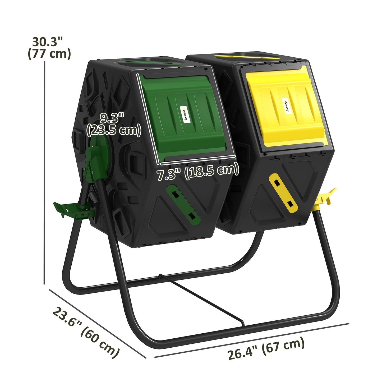 34.5 Gallon Dual Chamber Compost Bin, Rotating Composter, Compost Tumbler with 24 Ventilation Openings and Steel Legs, Yellow and Green