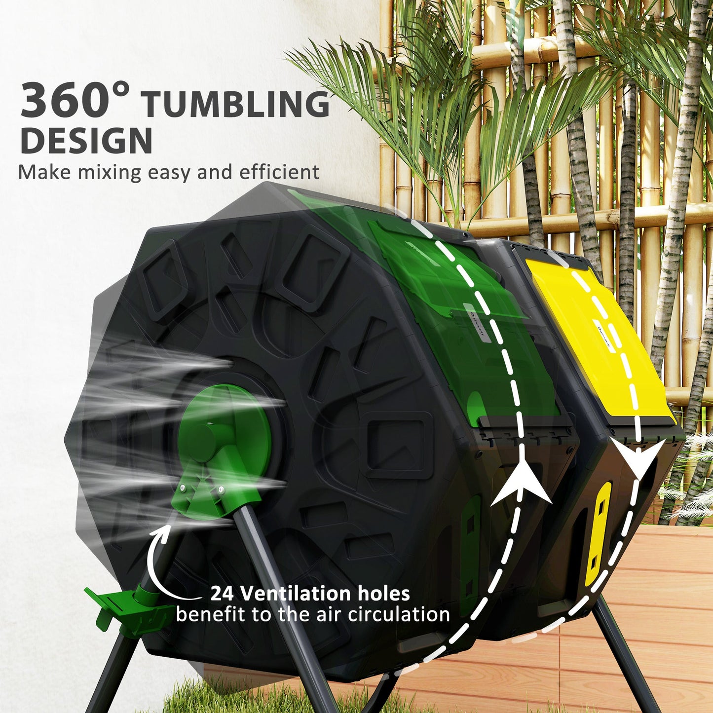 34.5 Gallon Dual Chamber Compost Bin, Rotating Composter, Compost Tumbler with 24 Ventilation Openings and Steel Legs, Yellow and Green