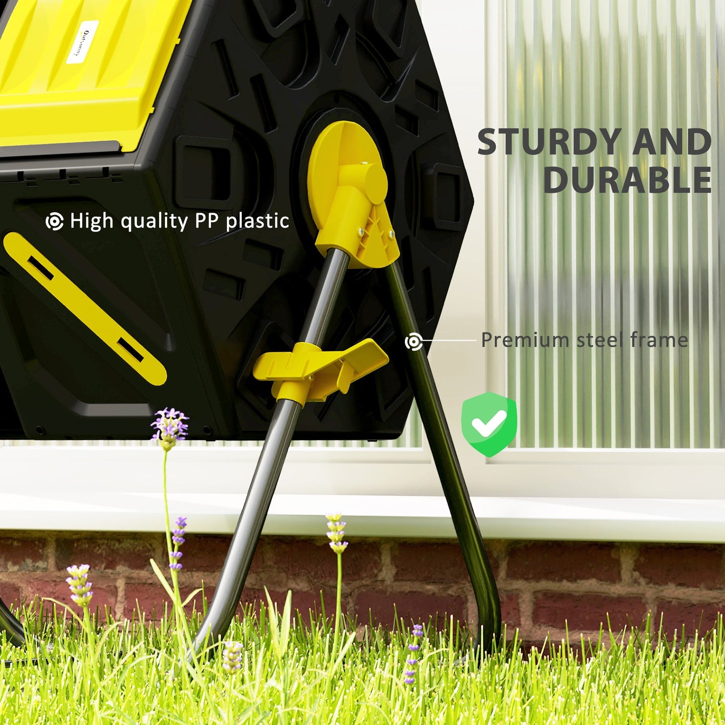 34.5 Gallon Dual Chamber Compost Bin, Rotating Composter, Compost Tumbler with 24 Ventilation Openings and Steel Legs, Yellow and Green