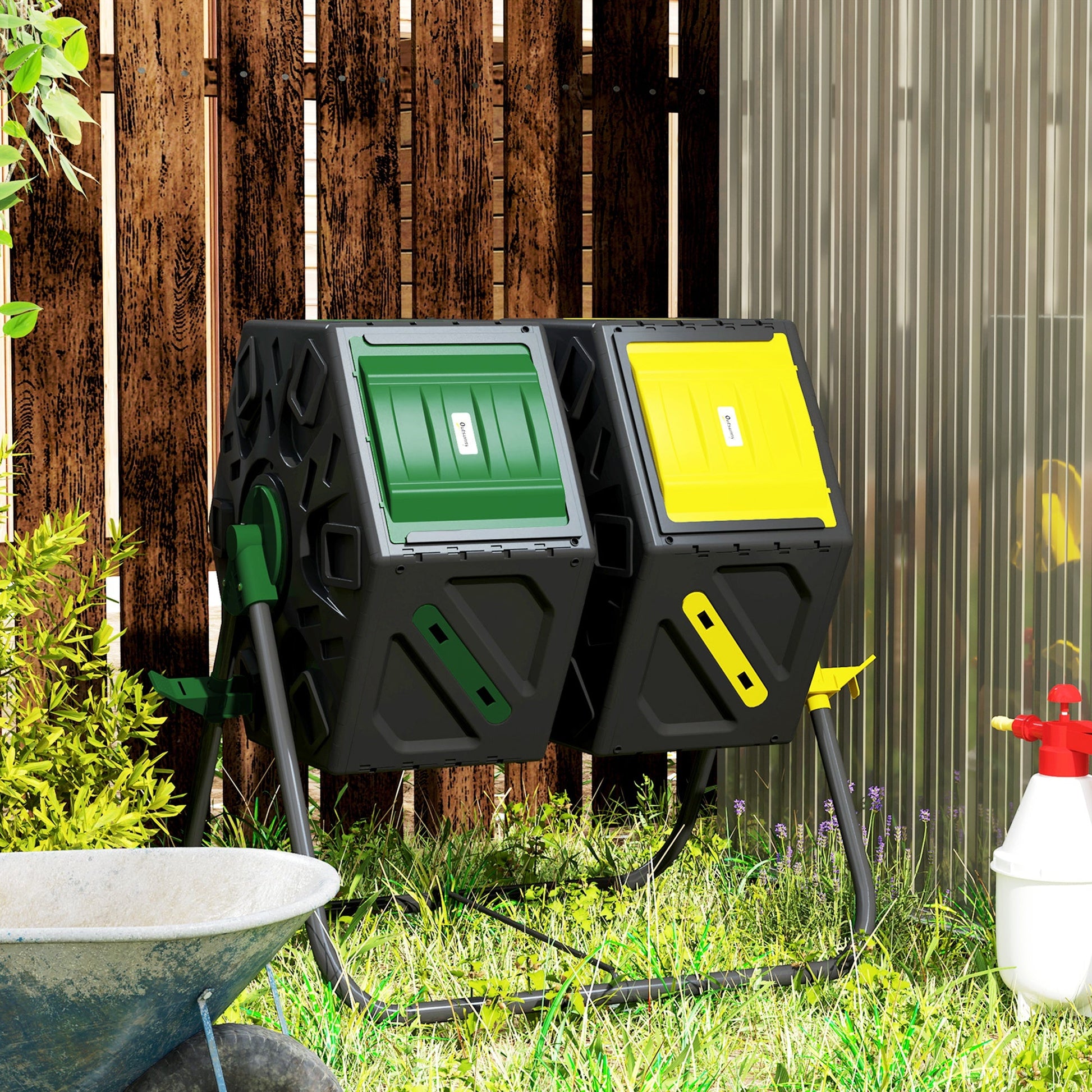 34.5 Gallon Dual Chamber Compost Bin, Rotating Composter, Compost Tumbler with 24 Ventilation Openings and Steel Legs, Yellow and Green