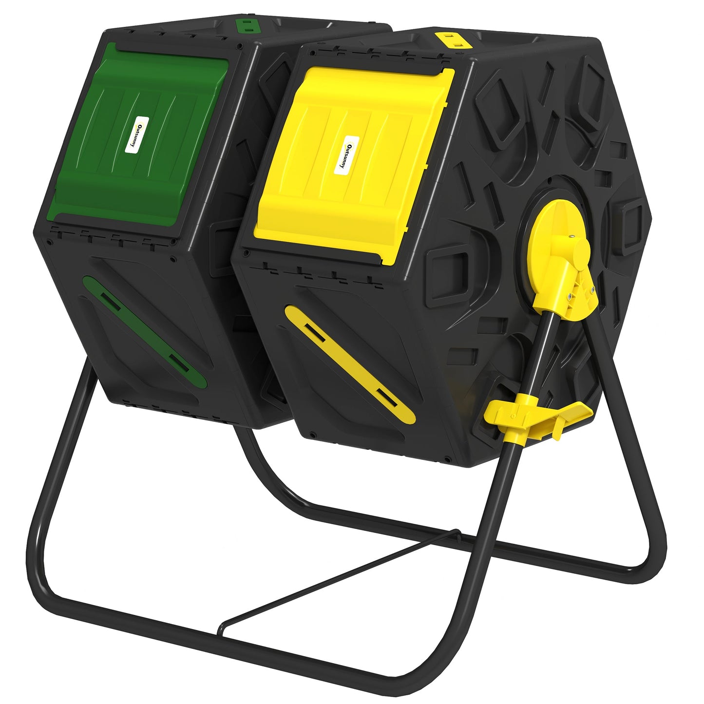 34.5 Gallon Dual Chamber Compost Bin, Rotating Composter, Compost Tumbler with 24 Ventilation Openings and Steel Legs, Yellow and Green