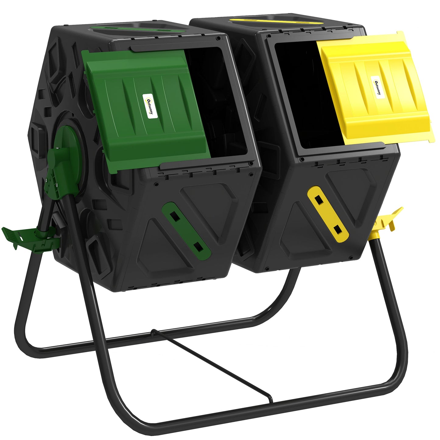 34.5 Gallon Dual Chamber Compost Bin, Rotating Composter, Compost Tumbler with 24 Ventilation Openings and Steel Legs, Yellow and Green