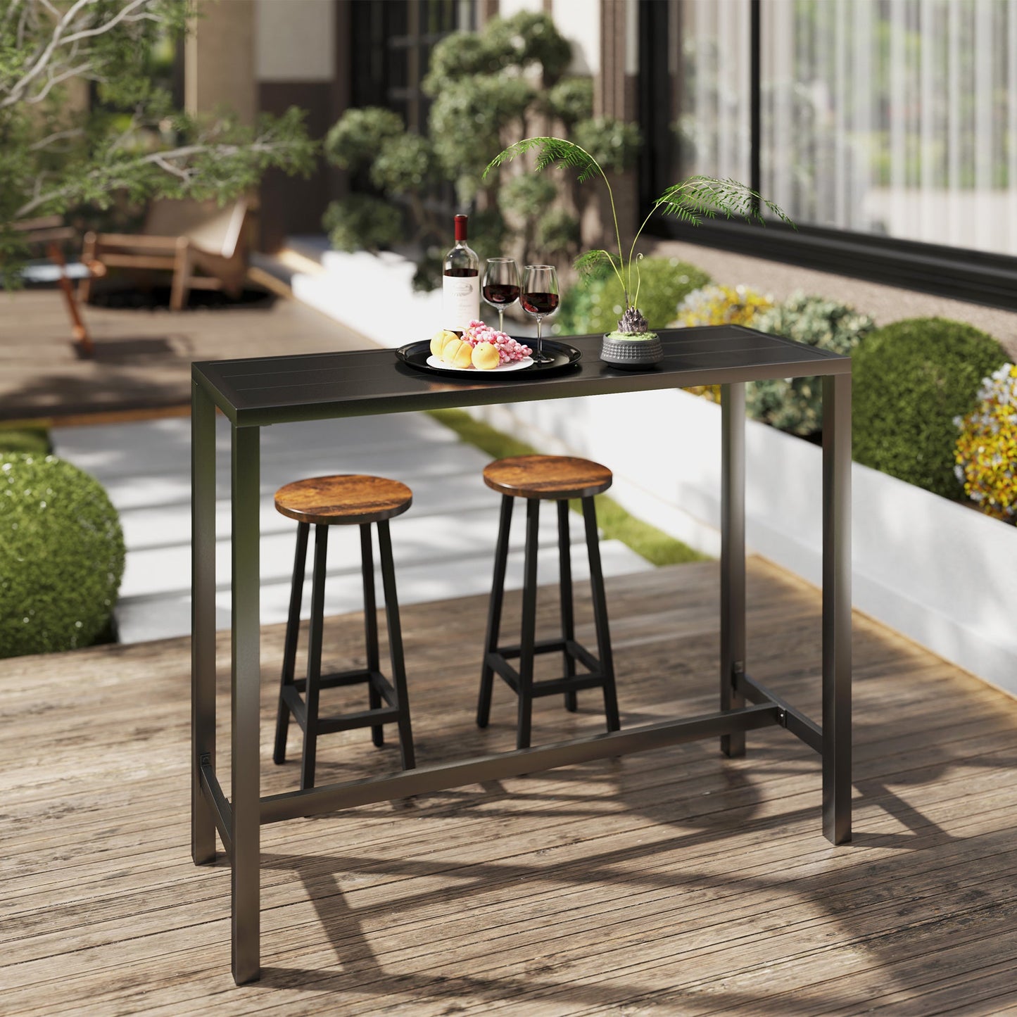 Outdoor Bar Table, 48" L Narrow Bar Height Patio Table, Counter Height Table Bistro Table Hot Tub Table with Slatted Top, Metal Frame for Garden Backyard Poolside, Black