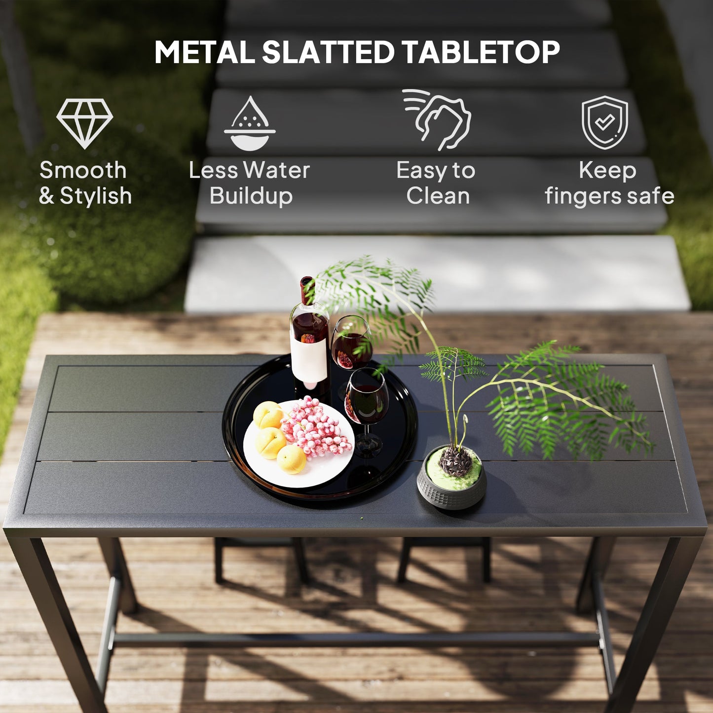 Outdoor Bar Table, 48" L Narrow Bar Height Patio Table, Counter Height Table Bistro Table Hot Tub Table with Slatted Top, Metal Frame for Garden Backyard Poolside, Black