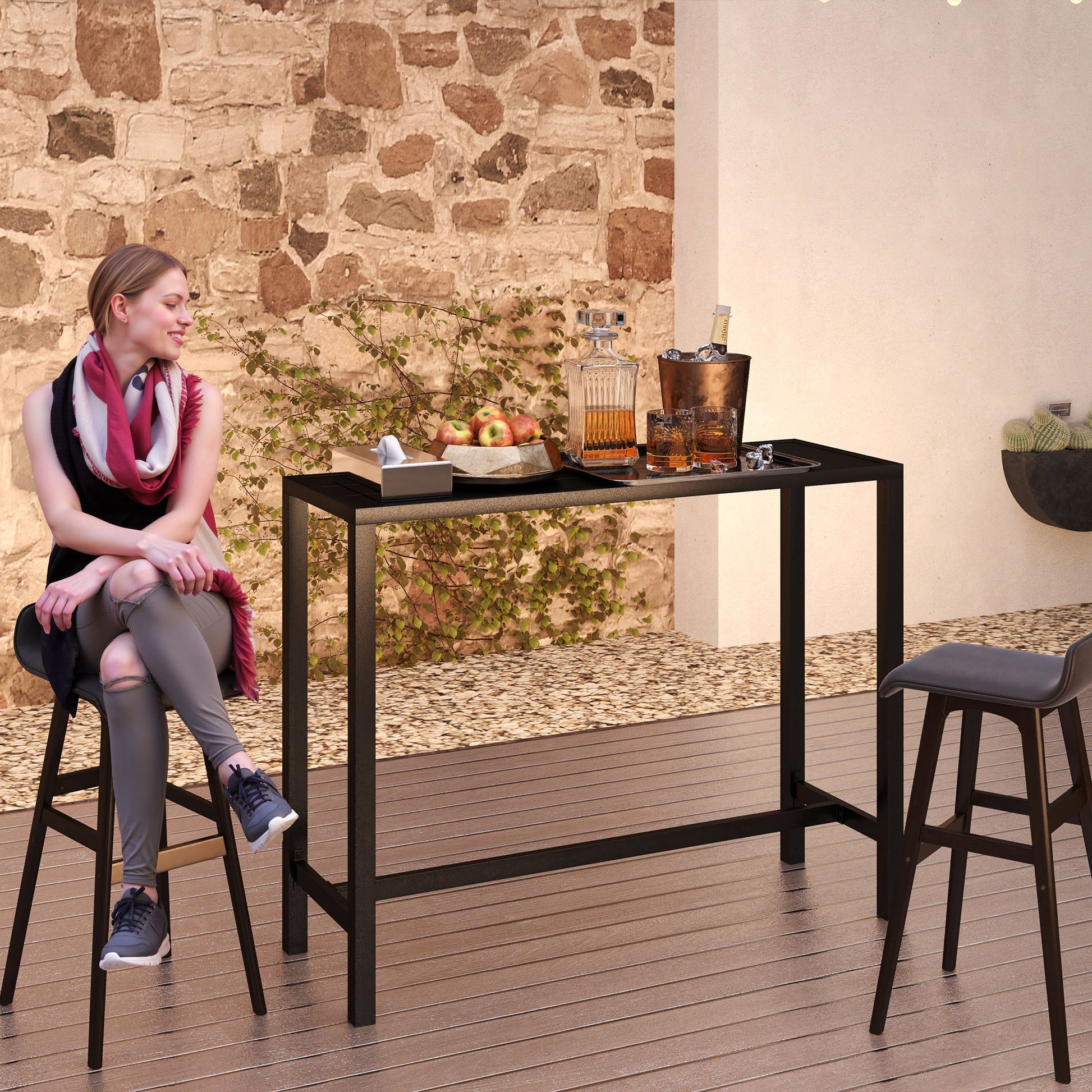 Outdoor Bar Table, 48" L Narrow Bar Height Patio Table, Counter Height Table Bistro Table Hot Tub Table with Slatted Top, Metal Frame for Garden Backyard Poolside, Black