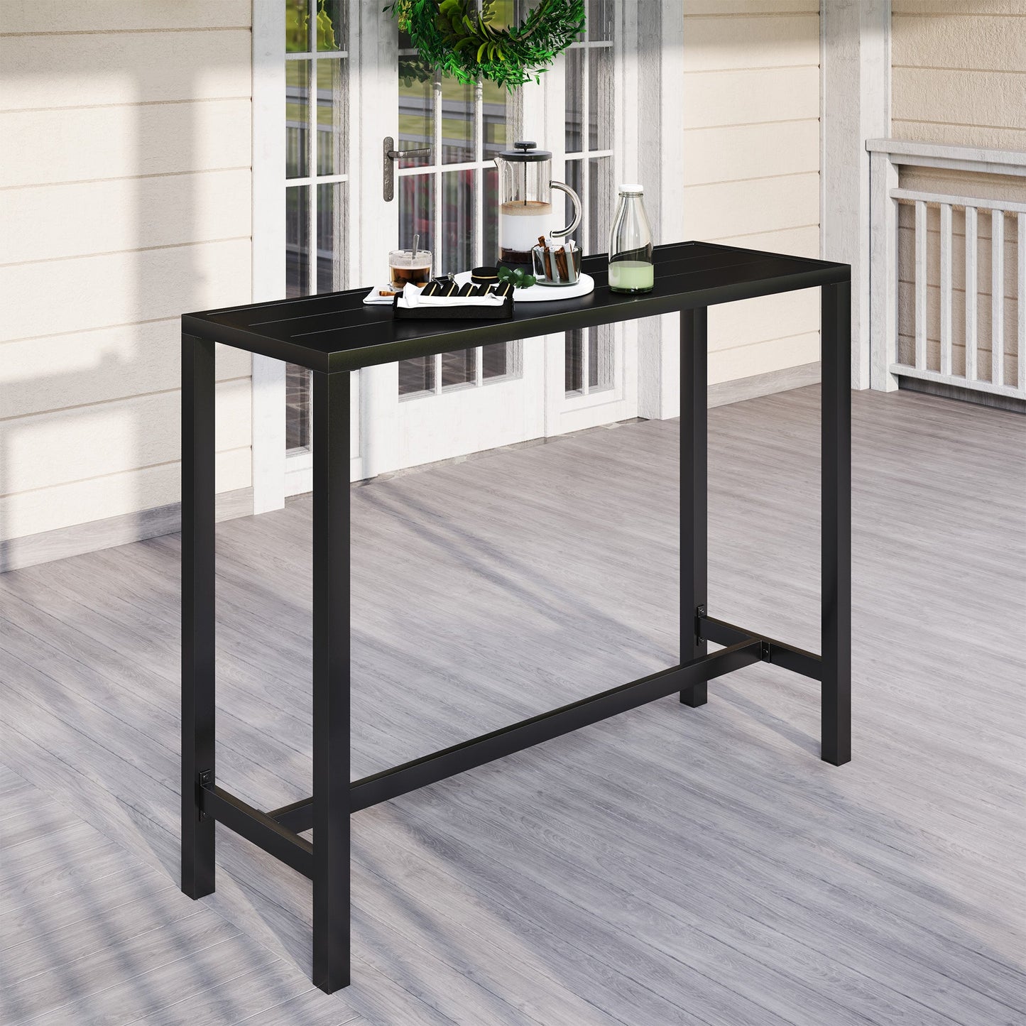 Outdoor Bar Table, 48" L Narrow Bar Height Patio Table, Counter Height Table Bistro Table Hot Tub Table with Slatted Top, Metal Frame for Garden Backyard Poolside, Black