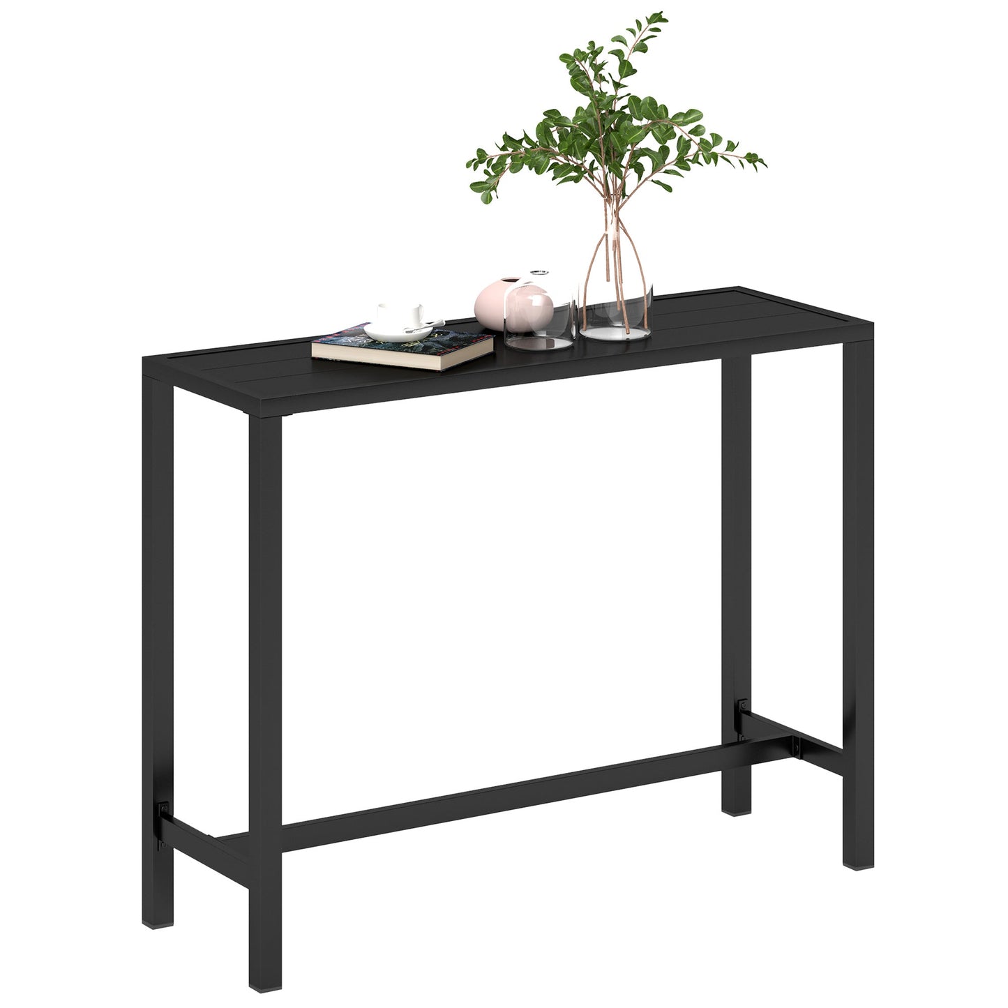 Outdoor Bar Table, 48" L Narrow Bar Height Patio Table, Counter Height Table Bistro Table Hot Tub Table with Slatted Top, Metal Frame for Garden Backyard Poolside, Black