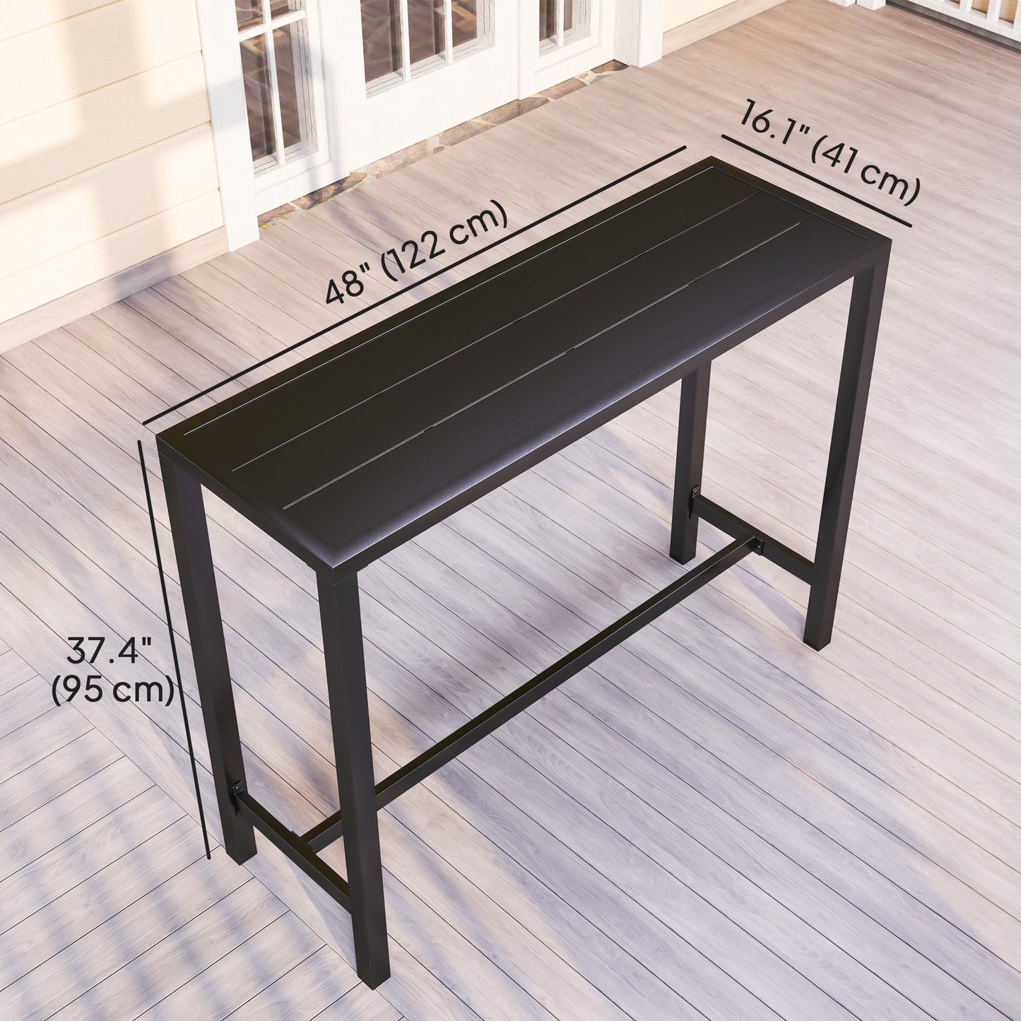 Outdoor Bar Table, 48" L Narrow Bar Height Patio Table, Counter Height Table Bistro Table Hot Tub Table with Slatted Top, Metal Frame for Garden Backyard Poolside, Black