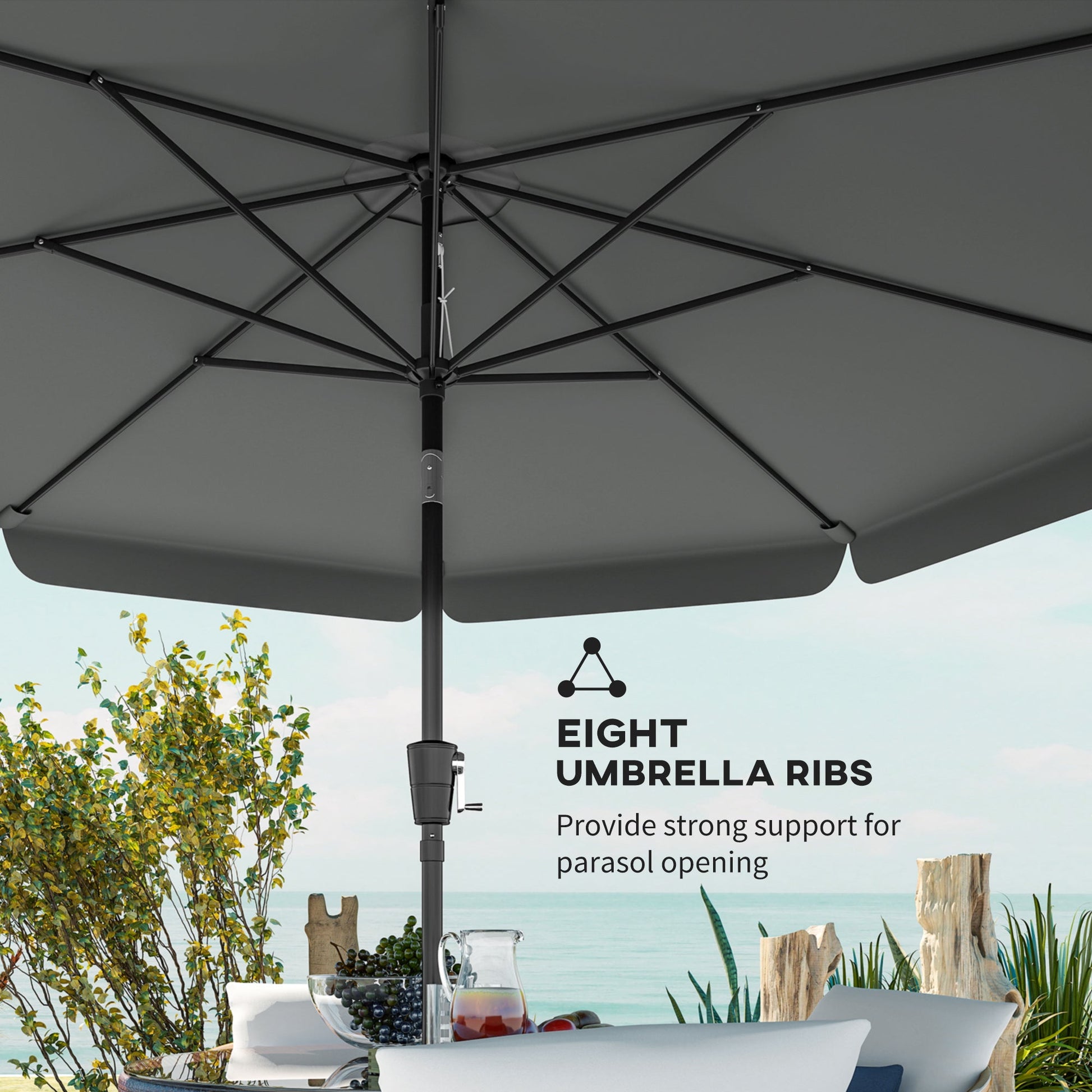10 ft Patio Umbrella with Push Button Tilt and Crank, Outdoor Market Table Umbrella Parasol with Vent, 8 Ribs for Garden, Deck, Pool, Dark Grey