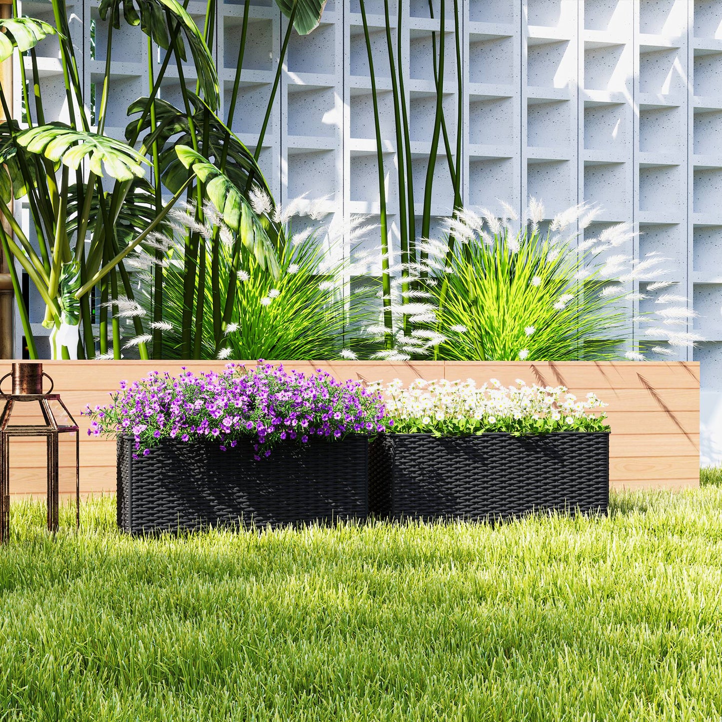 2 Pack Railing Planter Box, 20 Inch Hanging Flower Pots with Hooks and Drainage Hole, Rectangular Planters for Fence, Balcony, Garden, Patio, Rattan Look, Black