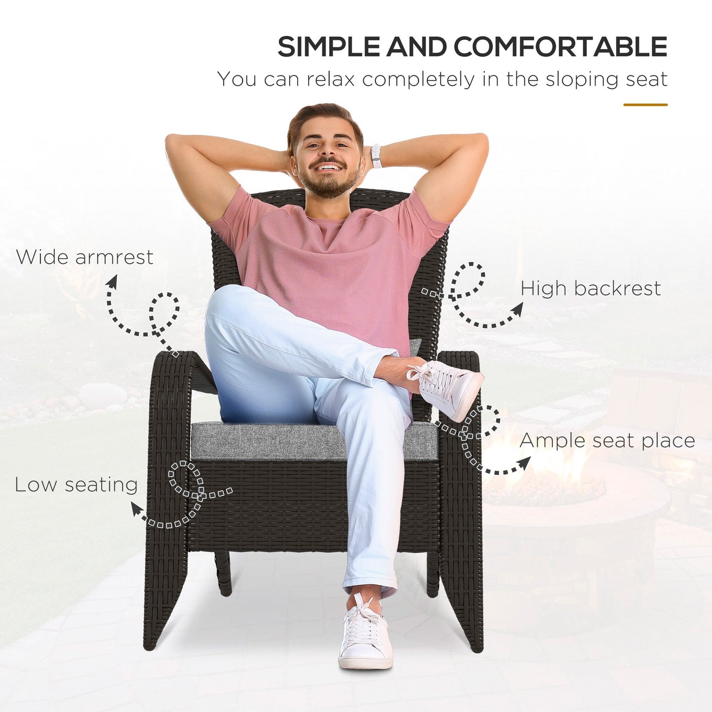 Patio Wicker Adirondack Chair, PE Rattan Outdoor Muskoka Chair, Fire Pit Chair with Cushions for Patio, Garden, Backyard, Poolside, Balcony, Deck, Grey