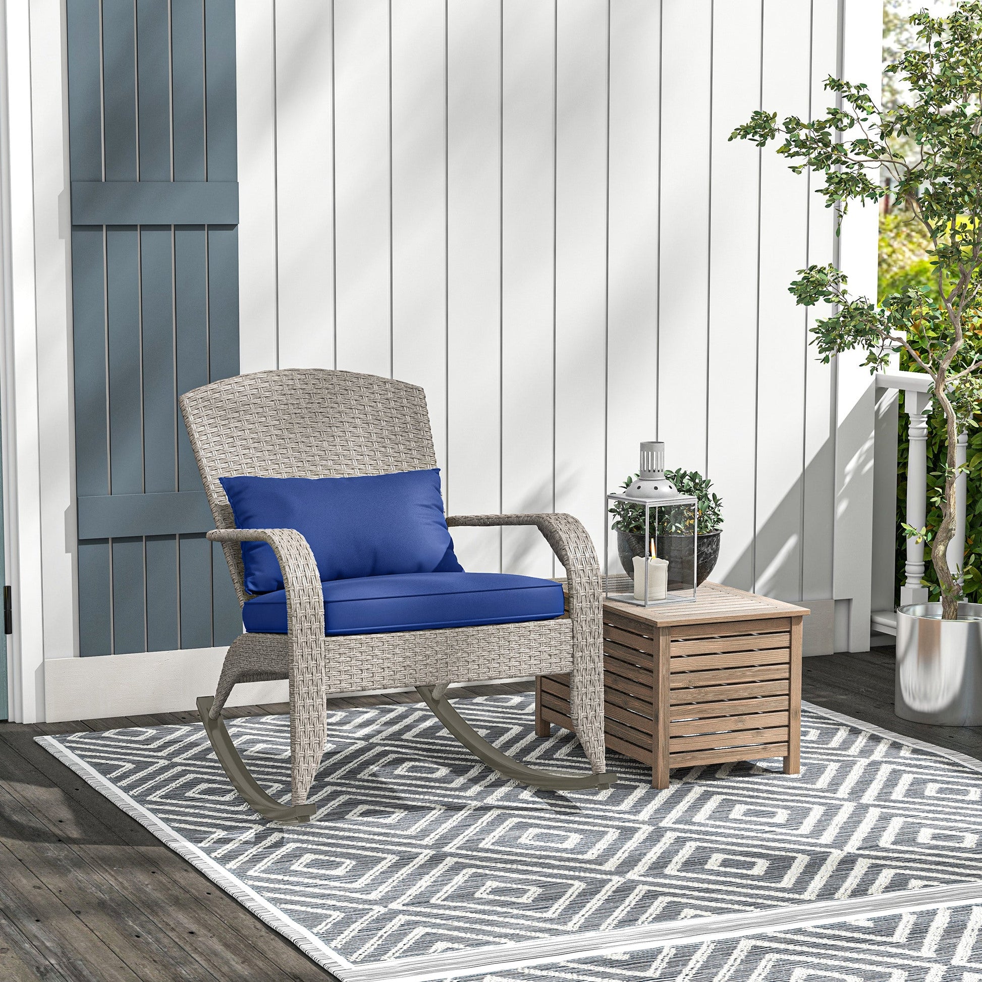 Outdoor Wicker Adirondack Rocking Chair, Patio Rattan Rocker Chair with High Back, Seat Cushion and Pillow for Garden, Porch, Balcony, Dark Blue