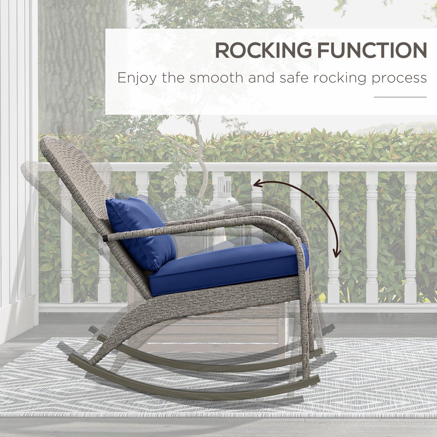 Outdoor Wicker Adirondack Rocking Chair, Patio Rattan Rocker Chair with High Back, Seat Cushion and Pillow for Garden, Porch, Balcony, Dark Blue