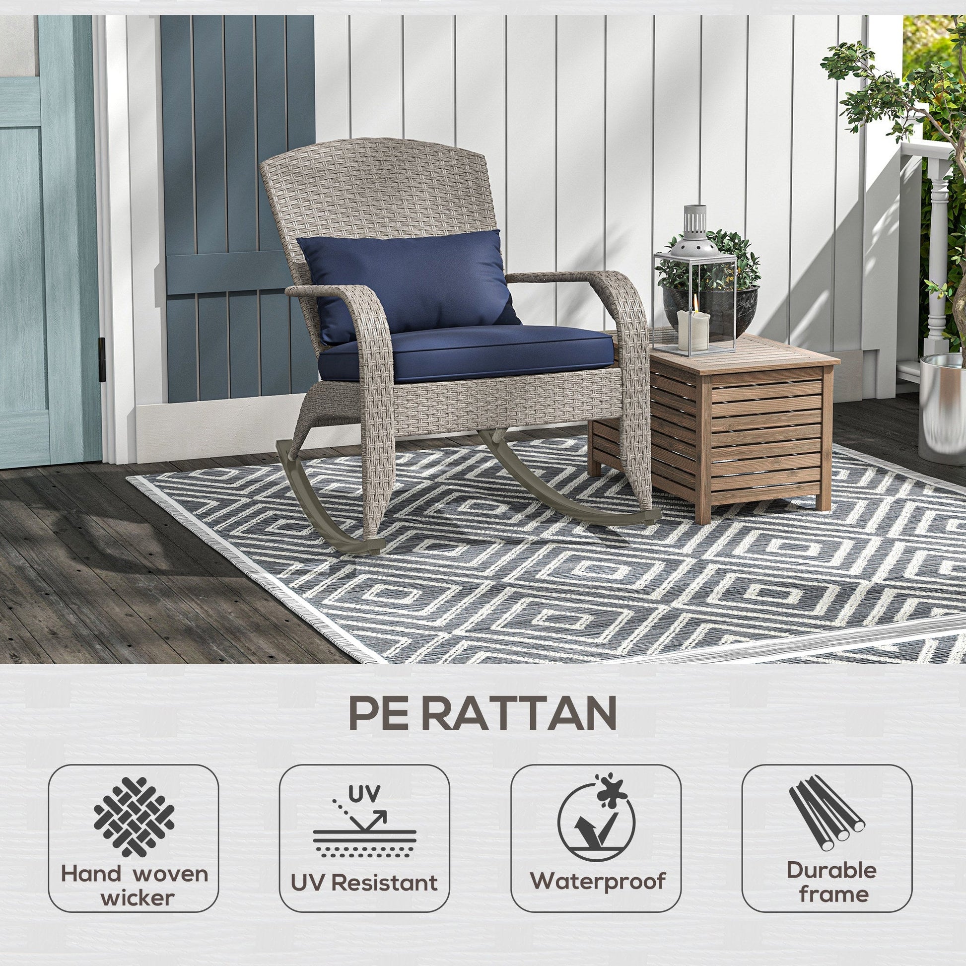 Outdoor Wicker Adirondack Rocking Chair, Patio Rattan Rocker Chair with High Back, Seat Cushion and Pillow for Garden, Porch, Balcony, Dark Blue