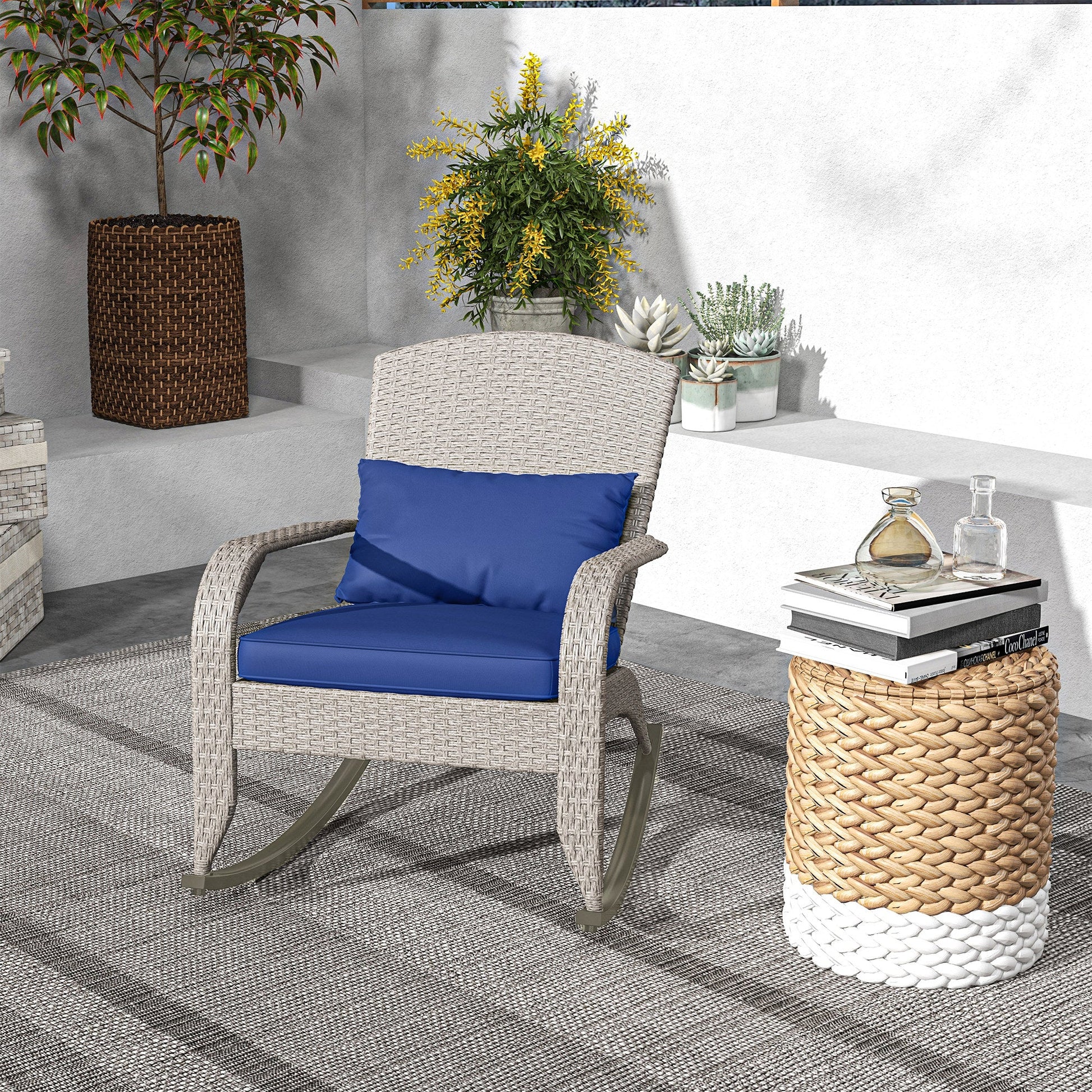 Outdoor Wicker Adirondack Rocking Chair, Patio Rattan Rocker Chair with High Back, Seat Cushion and Pillow for Garden, Porch, Balcony, Dark Blue