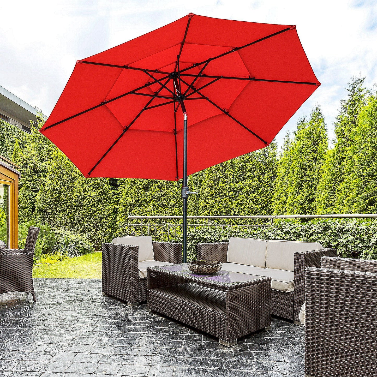 9FT 3 Tiers Patio Umbrella Outdoor Market Umbrella with Crank, Push Button Tilt for Deck, Backyard and Lawn, Red