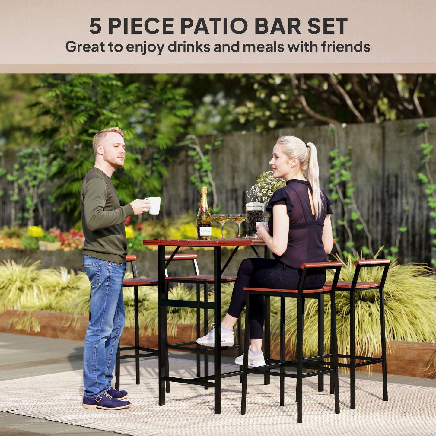 5 Piece Outdoor Bar Table and Chairs Set, Patio Bar Set with 47" Pub Height Tabel and 4 Bar Stools, for Backyard, Balcony, Porch, Pool, Lawn, Brown