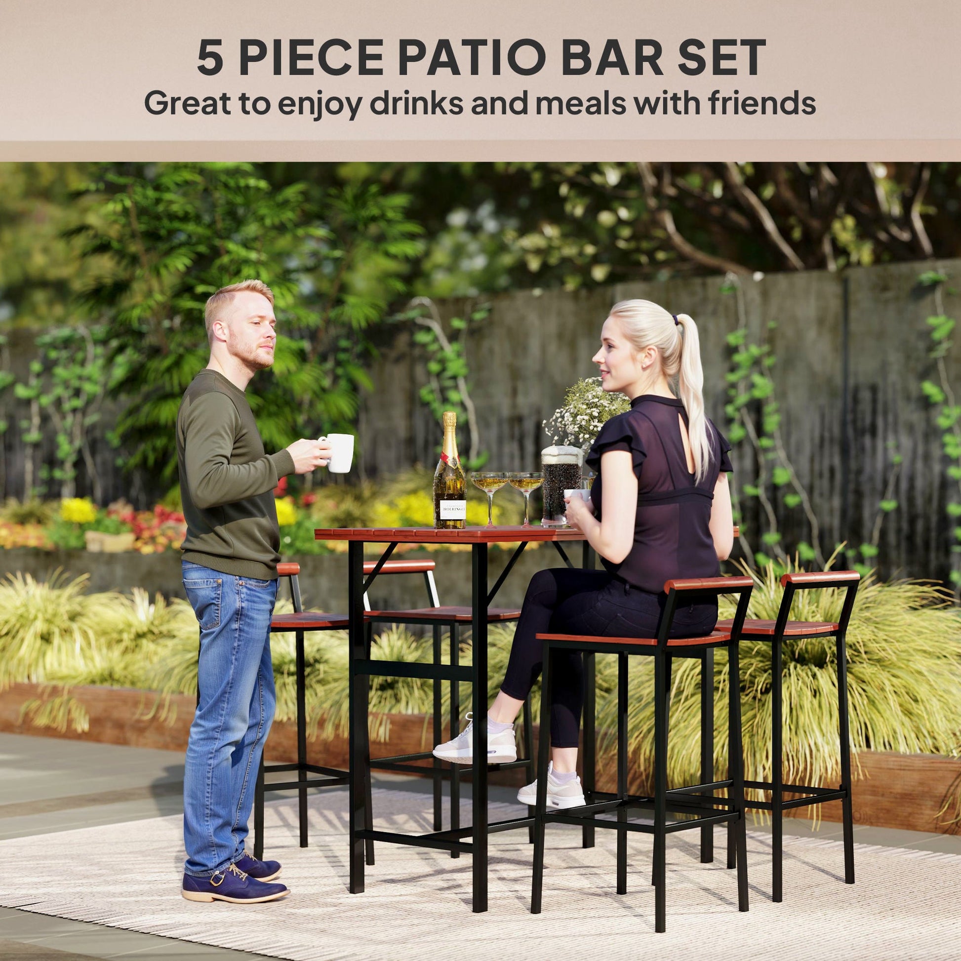 5 Piece Outdoor Bar Table and Chairs Set, Patio Bar Set with 47" Pub Height Tabel and 4 Bar Stools, for Backyard, Balcony, Porch, Pool, Lawn, Brown