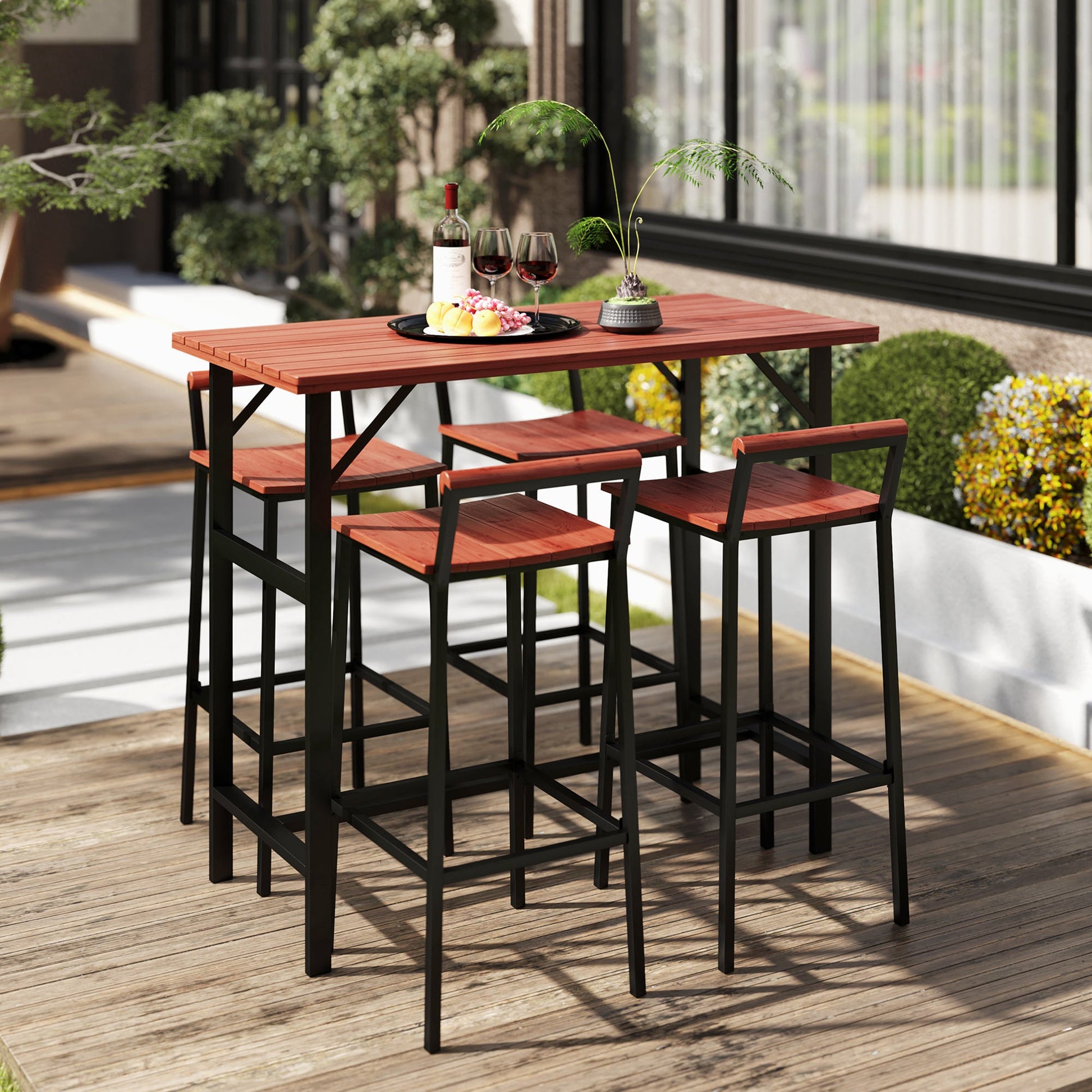 5 Piece Outdoor Bar Table and Chairs Set, Patio Bar Set with 47" Pub Height Tabel and 4 Bar Stools, for Backyard, Balcony, Porch, Pool, Lawn, Brown