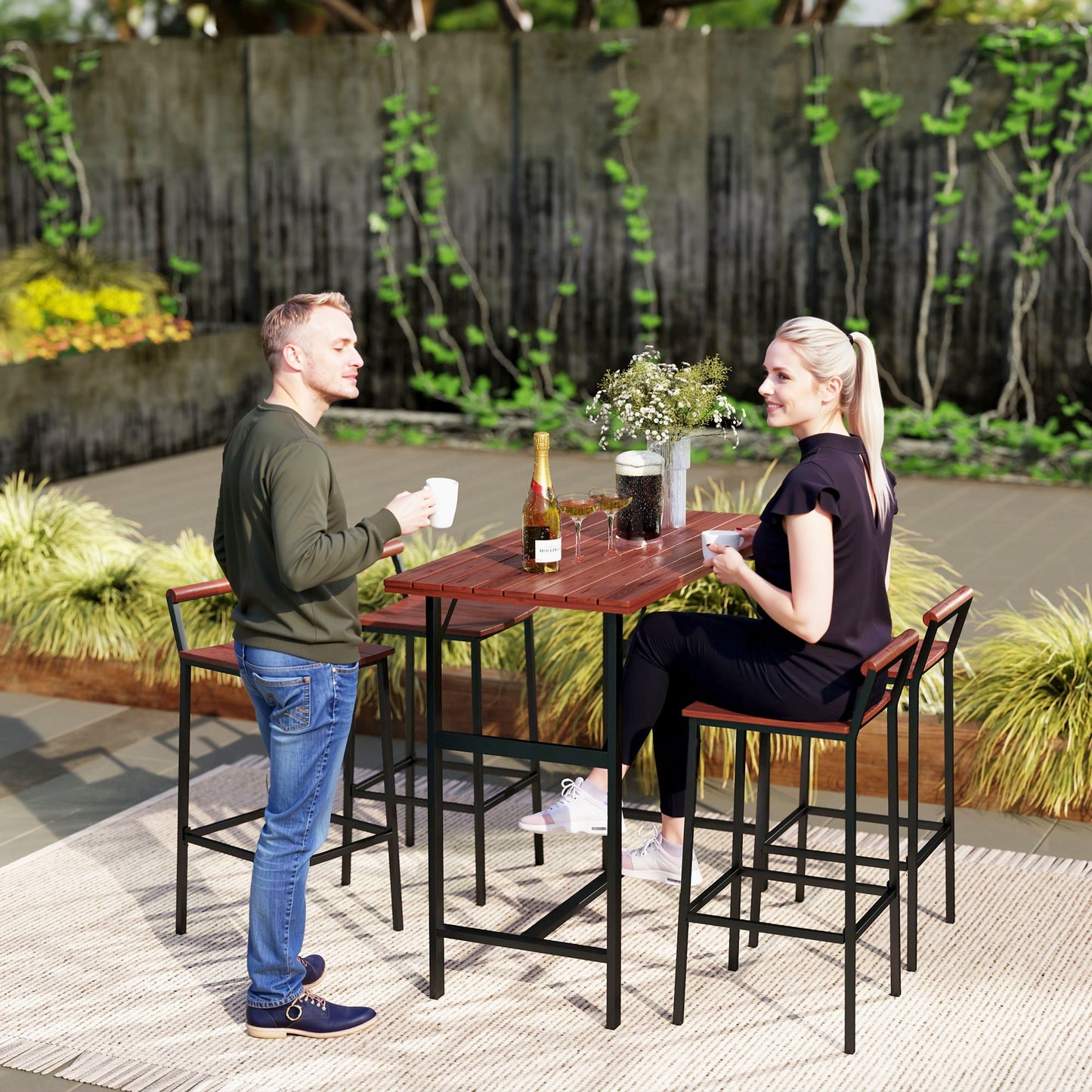5 Piece Outdoor Bar Table and Chairs Set, Patio Bar Set with 47" Pub Height Tabel and 4 Bar Stools, for Backyard, Balcony, Porch, Pool, Lawn, Brown