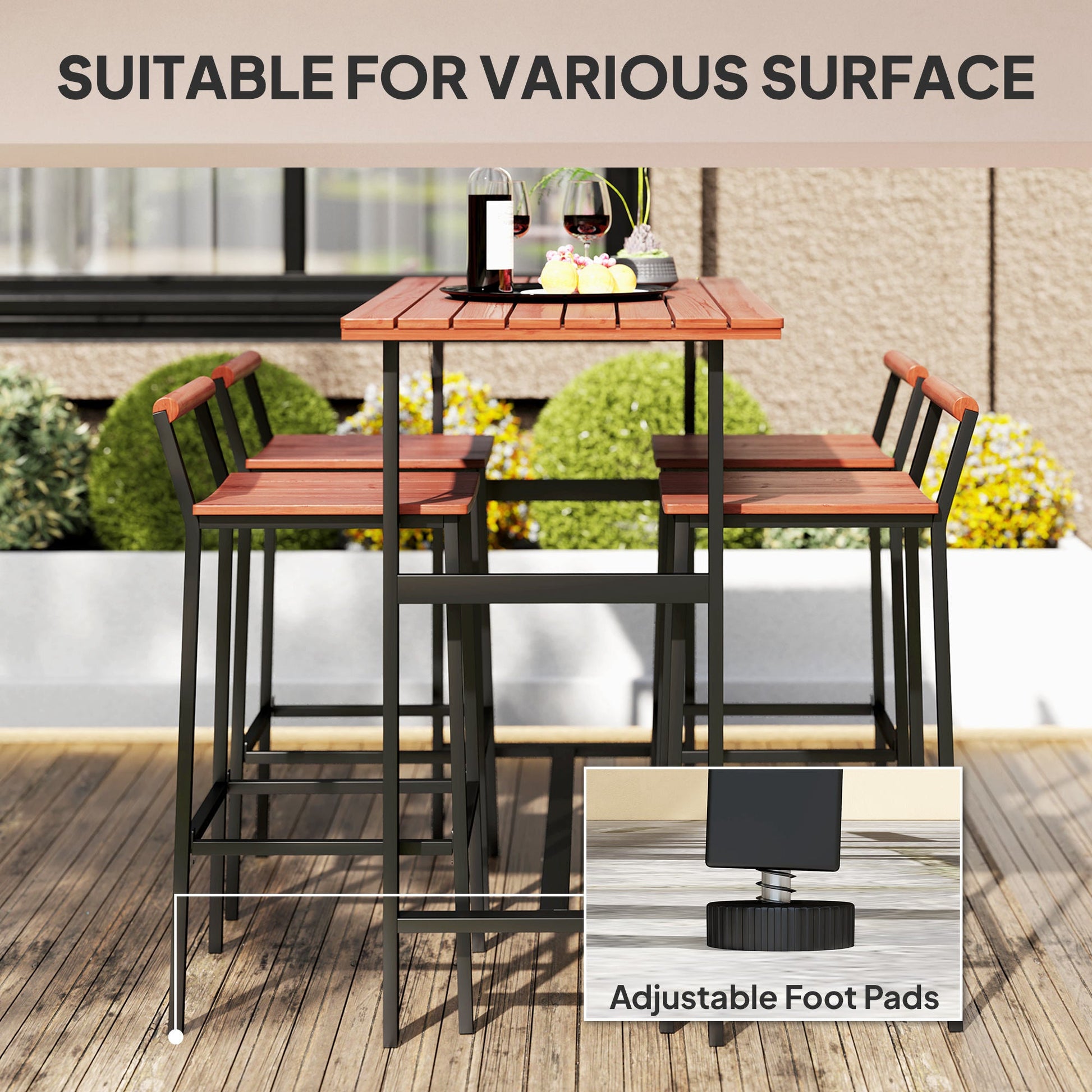 5 Piece Outdoor Bar Table and Chairs Set, Patio Bar Set with 47" Pub Height Tabel and 4 Bar Stools, for Backyard, Balcony, Porch, Pool, Lawn, Brown