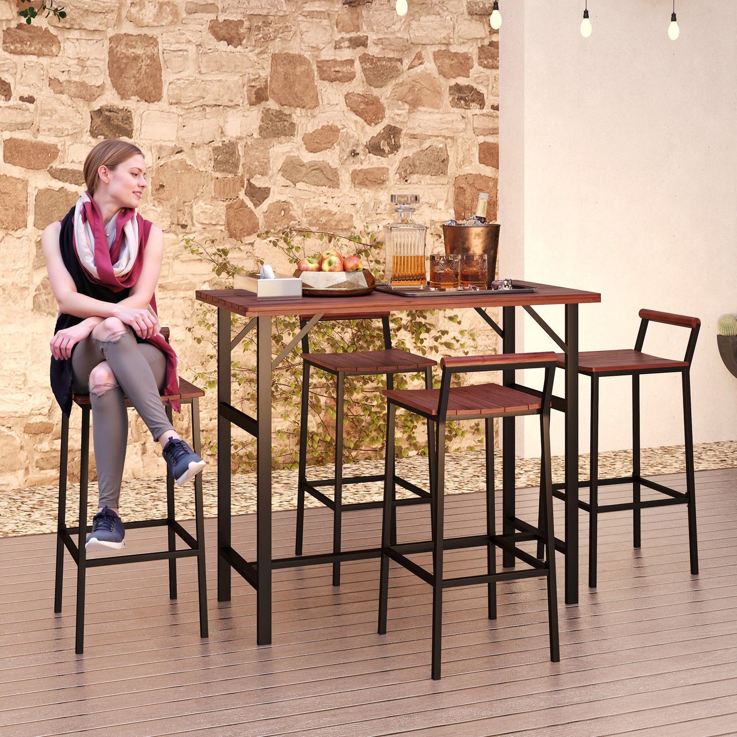 5 Piece Outdoor Bar Table and Chairs Set, Patio Bar Set with 47" Pub Height Tabel and 4 Bar Stools, for Backyard, Balcony, Porch, Pool, Lawn, Brown