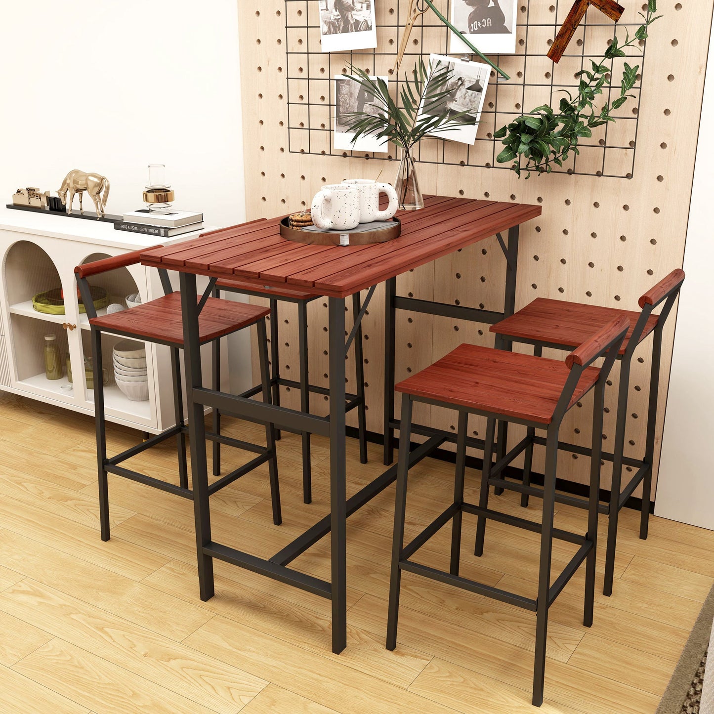 5 Piece Outdoor Bar Table and Chairs Set, Patio Bar Set with 47" Pub Height Tabel and 4 Bar Stools, for Backyard, Balcony, Porch, Pool, Lawn, Brown